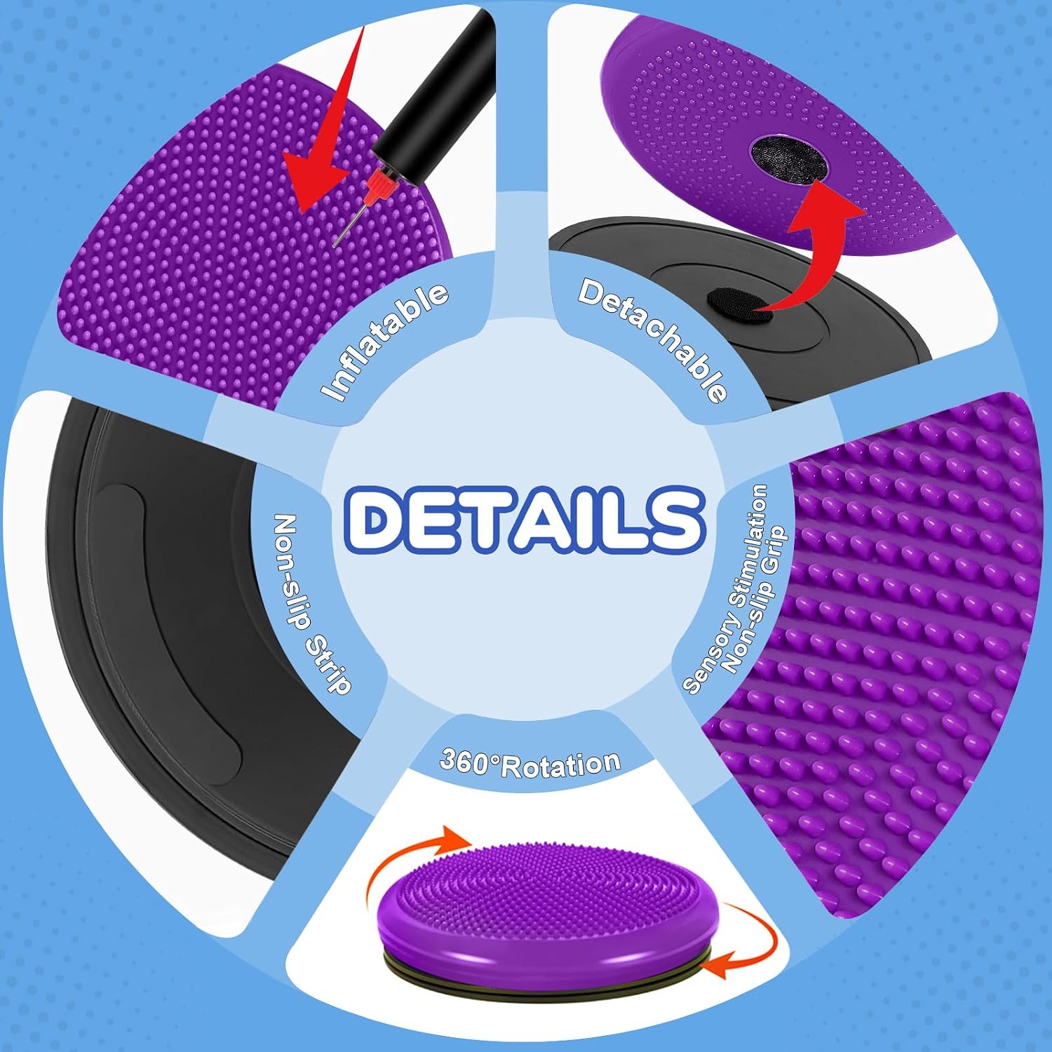 Wobble Cushion, Fimeetoy 360°Spinning Wiggle Seat, ADHD Sensory Chair,Flexible Seating in Classroom & Home,ADHD Tools for Kids,2-in-1 Detachable Balance Pad,Fidget for Focus-Purple