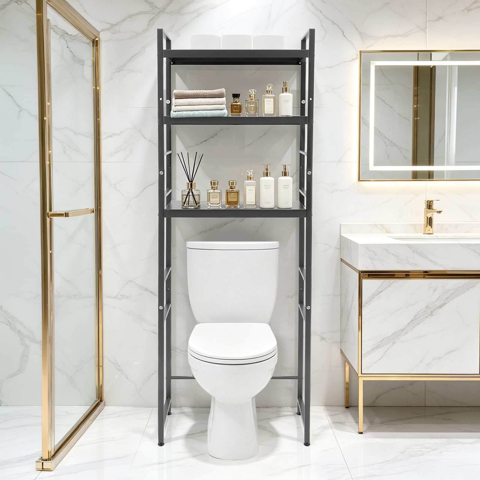 Scaffale per WC a 3 livelli, autoportante, organizer da bagno, regolabile