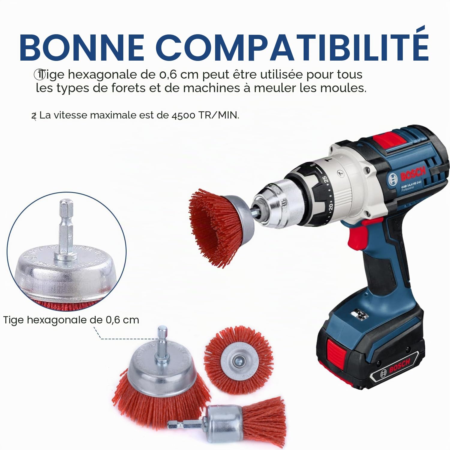 Brosse en nylon - Lot de 7 brosses en nylon pour perceuse avec tige 1/4 tige en nylons - Meuleuse d'angle - Brosses abrasives pour enlever la rouille - Couleur