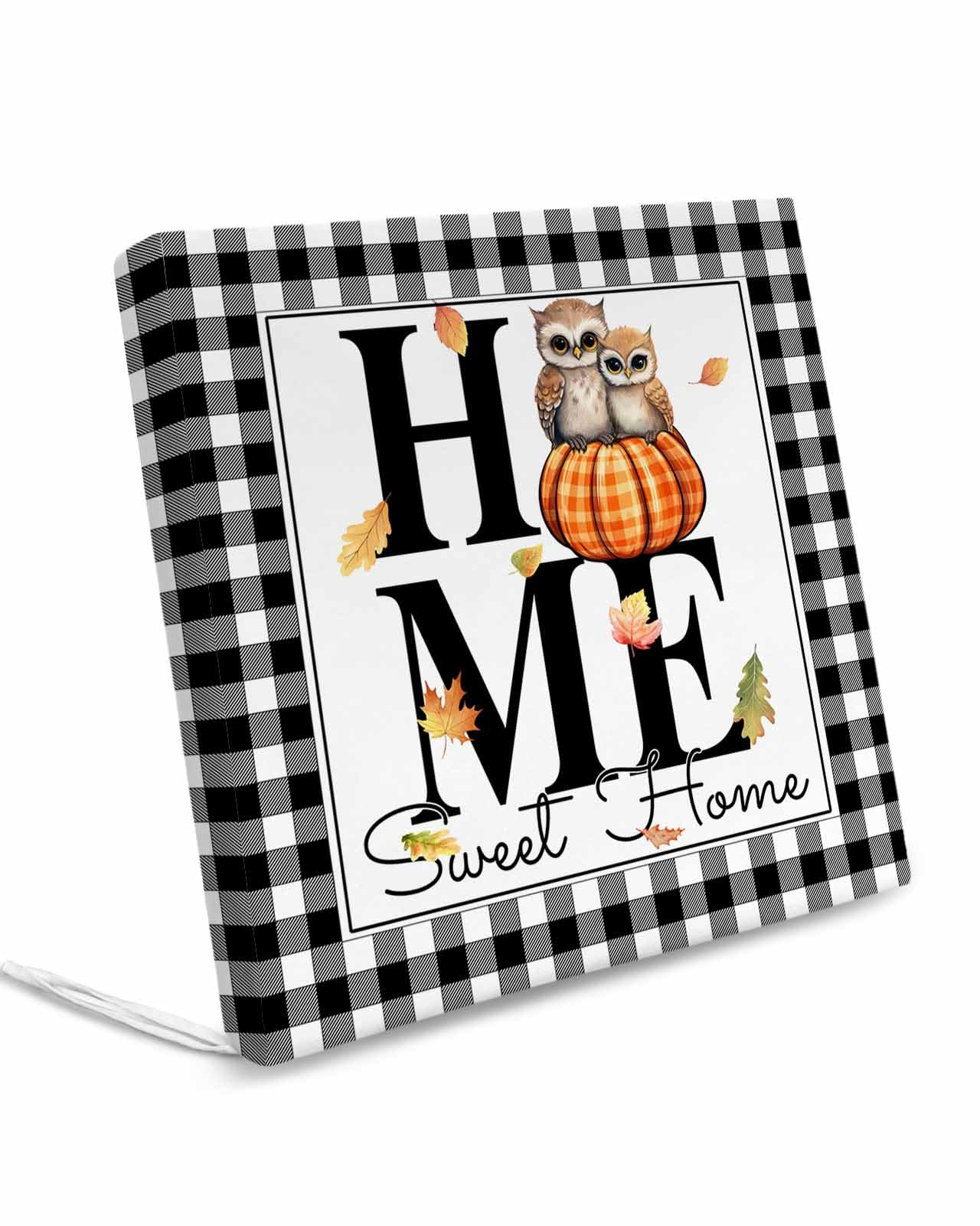 Fall Home Indoor Outdoor Couch Cushion Covers Replacement 2 Pack, Black Plaid Thanksgiving Pumpkins Owl Waterproof Chair Sofa Seat Cover with Ties 22x22x4