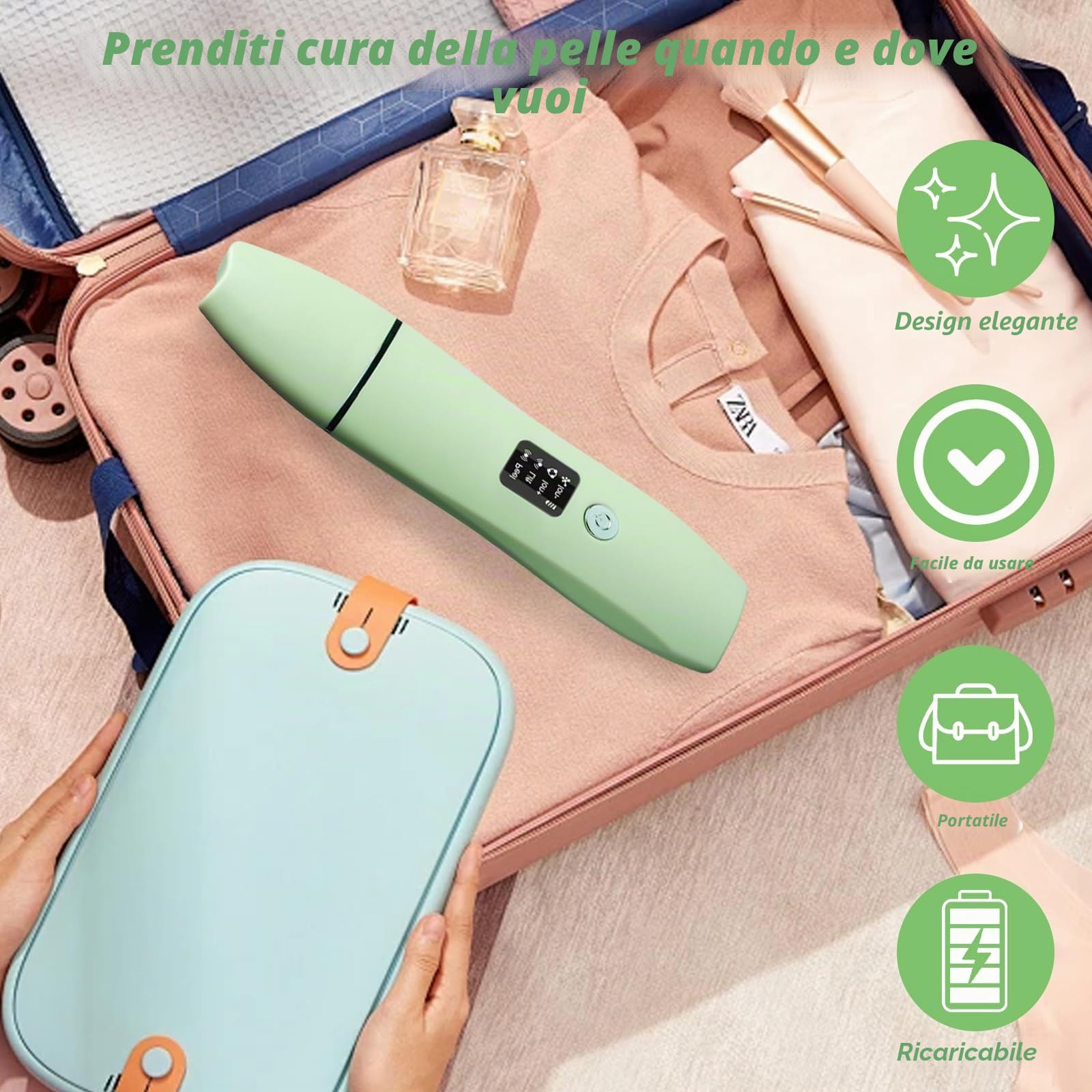 Skin Scrubber - Dispositivo esfoliante ad ultrasuoni, Face Skin Spatula, ricarica TypeC, detergente per pori (verde)