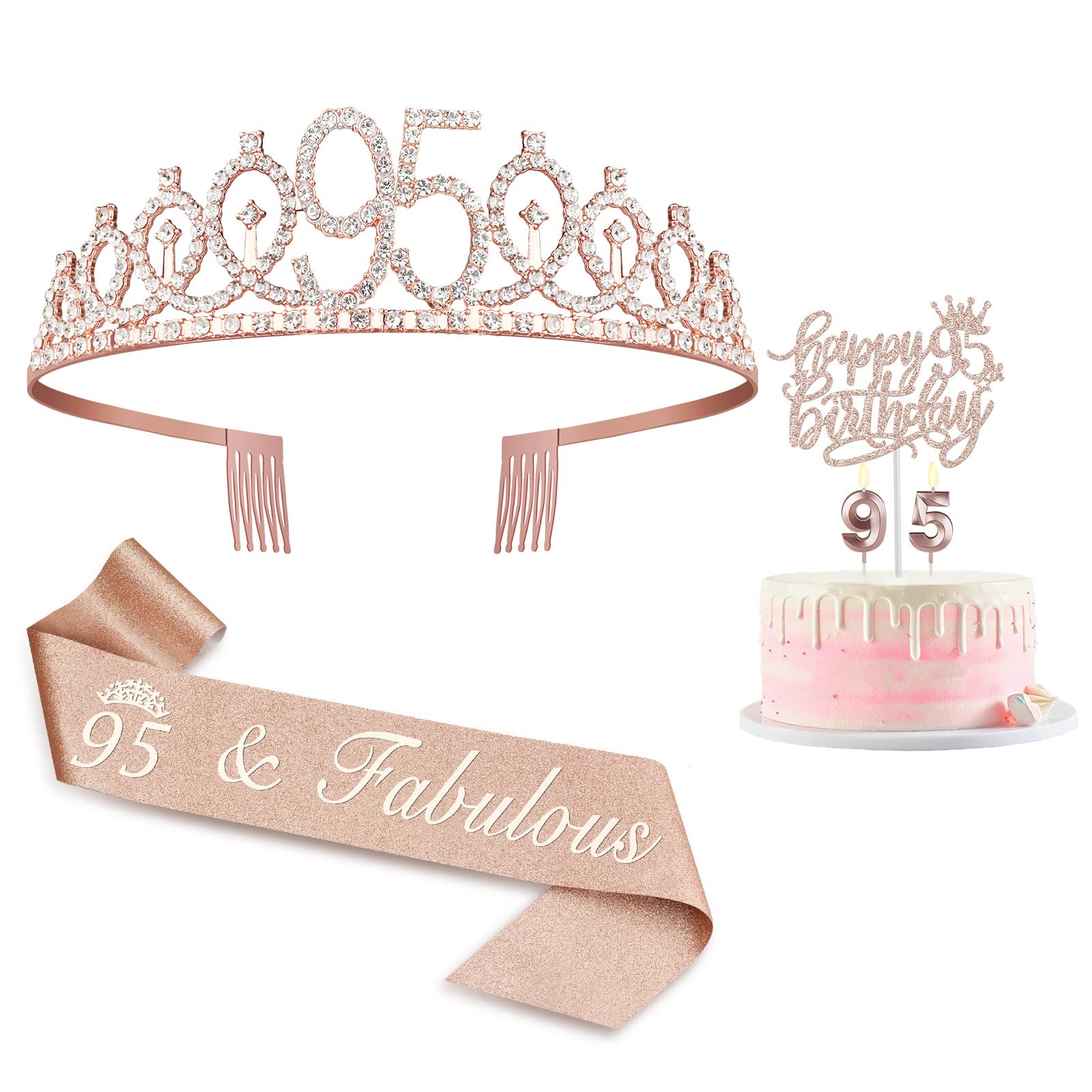 95th Birthday Decorations for Women Including Birthday Sash, Crown, Numeral Candles and Cake Topper, Rose Gold Party Decor Supplies