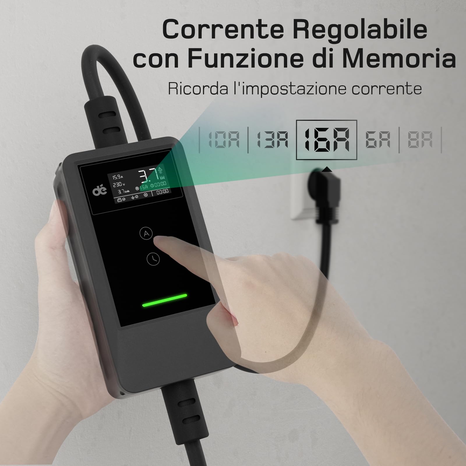 dé Cavo Ricarica Auto Elettrica Tipo 2 Schuko 3,7kW 5,5m [0,85m+4,65m, 6A-16A] Colonnina Ricarica Auto Elettrica con Supporto, con LCD Controllo Digitale Compatibile con Model Y, e208 e Altri EV/PHEV