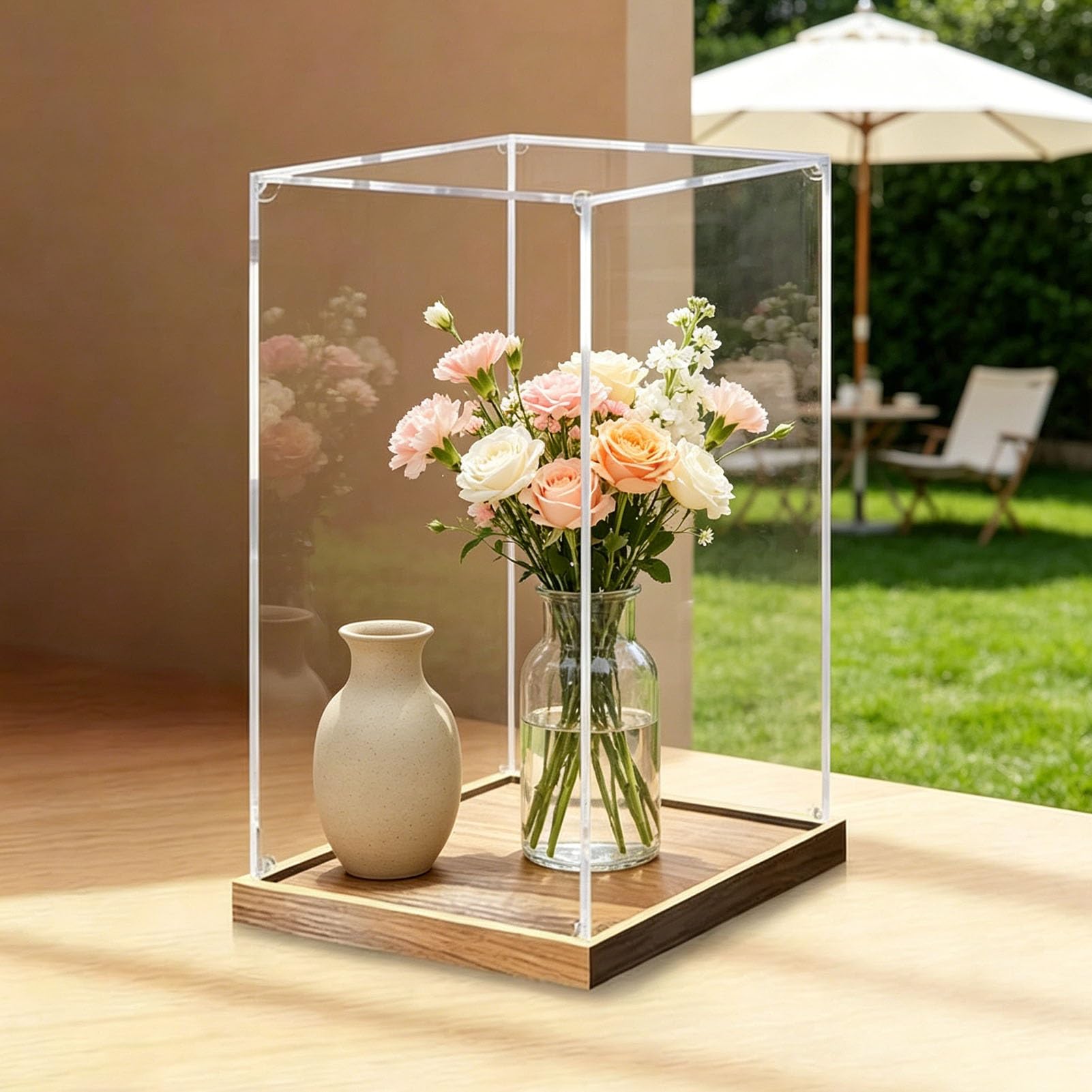 Clear Display Case with 2 mm Wooden Grain Base, Assemble Acrylic Storage Box 4 8 16 24 30 in Tall, Figure Countertop Showcase for Dustproof Protection(50x50x60cm/20x20x24in)