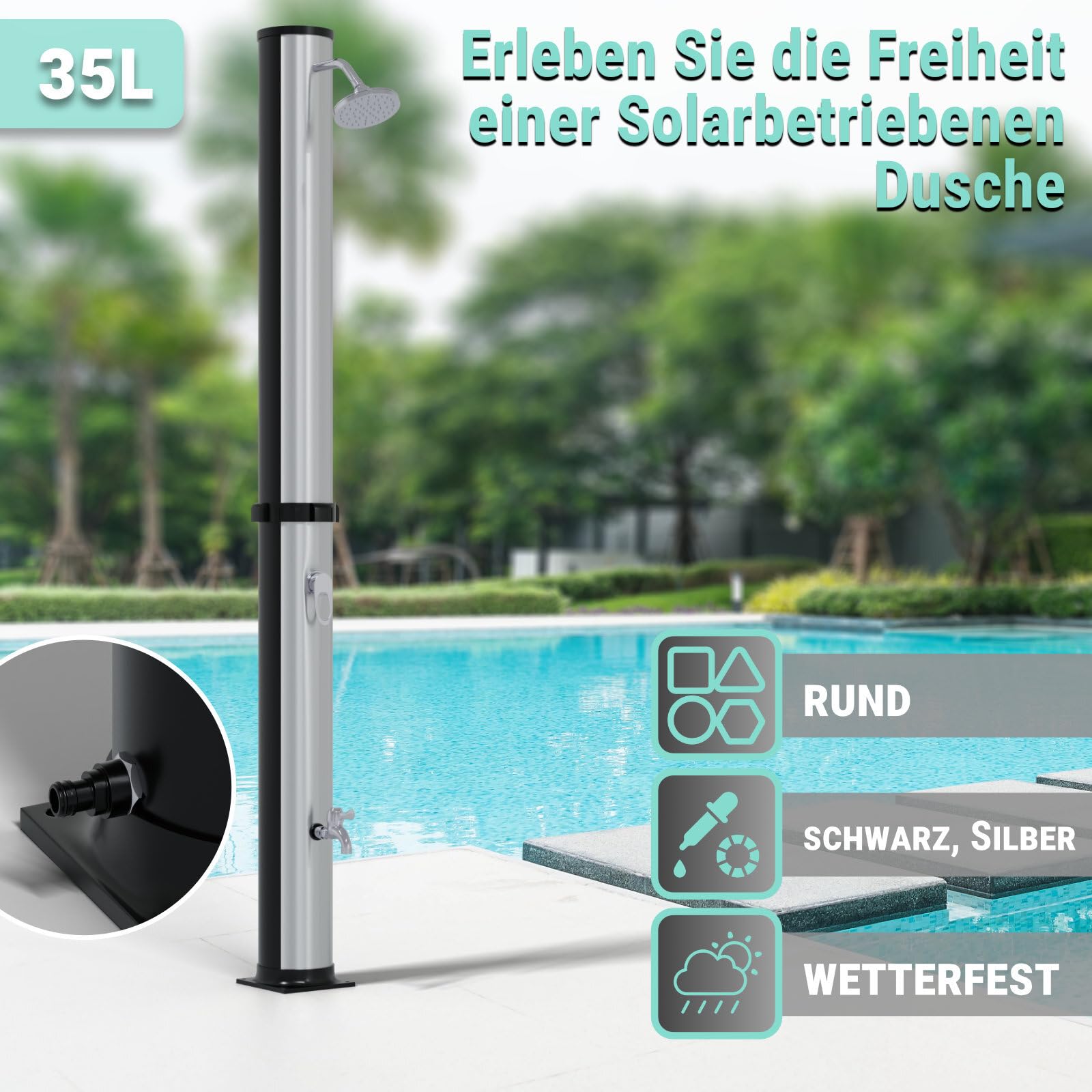 HAGO Solardusche | 35L | rund | Schwarz/Silber | Pooldusche | Campingdusche | Gartendusche | Outdoor Fußdusche | Universal | Stromlos