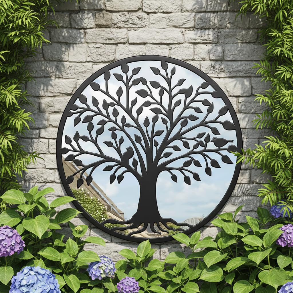 DEENZ The Outdoor Living Collection Tree Of Life Mirror Black Circular Frame Branch Design Wall Mounted Ornament Plastic Rustic Home Décor Floral Pattern Artwork Large Garden Display Gift Idea (50 CM)