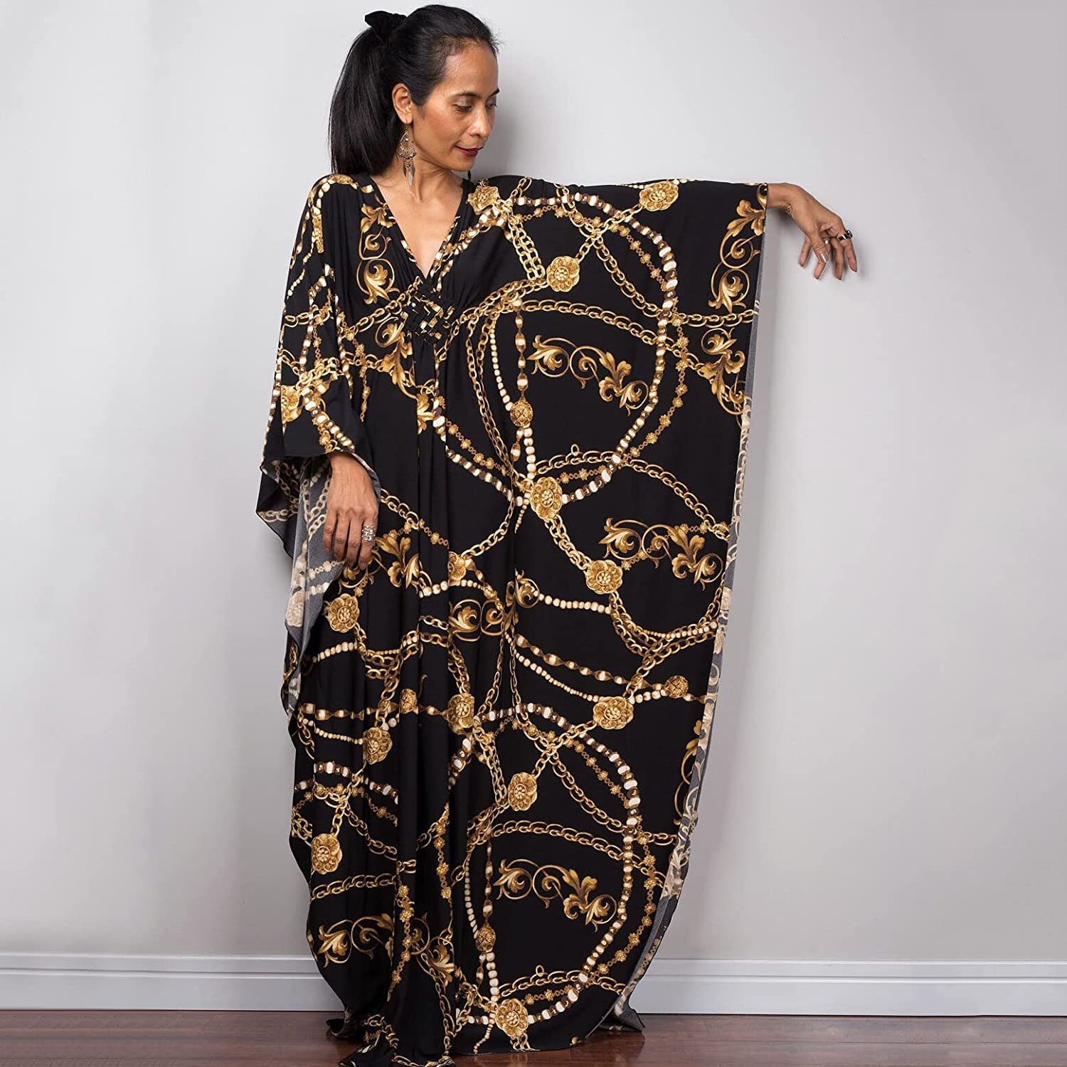 Venasha Damska sukienka kaftan z krótkim rękawem, kostium kąpielowy na lato, C-31, czarny łańcuszek, XL, C-31 czarny łańcuszek, XL