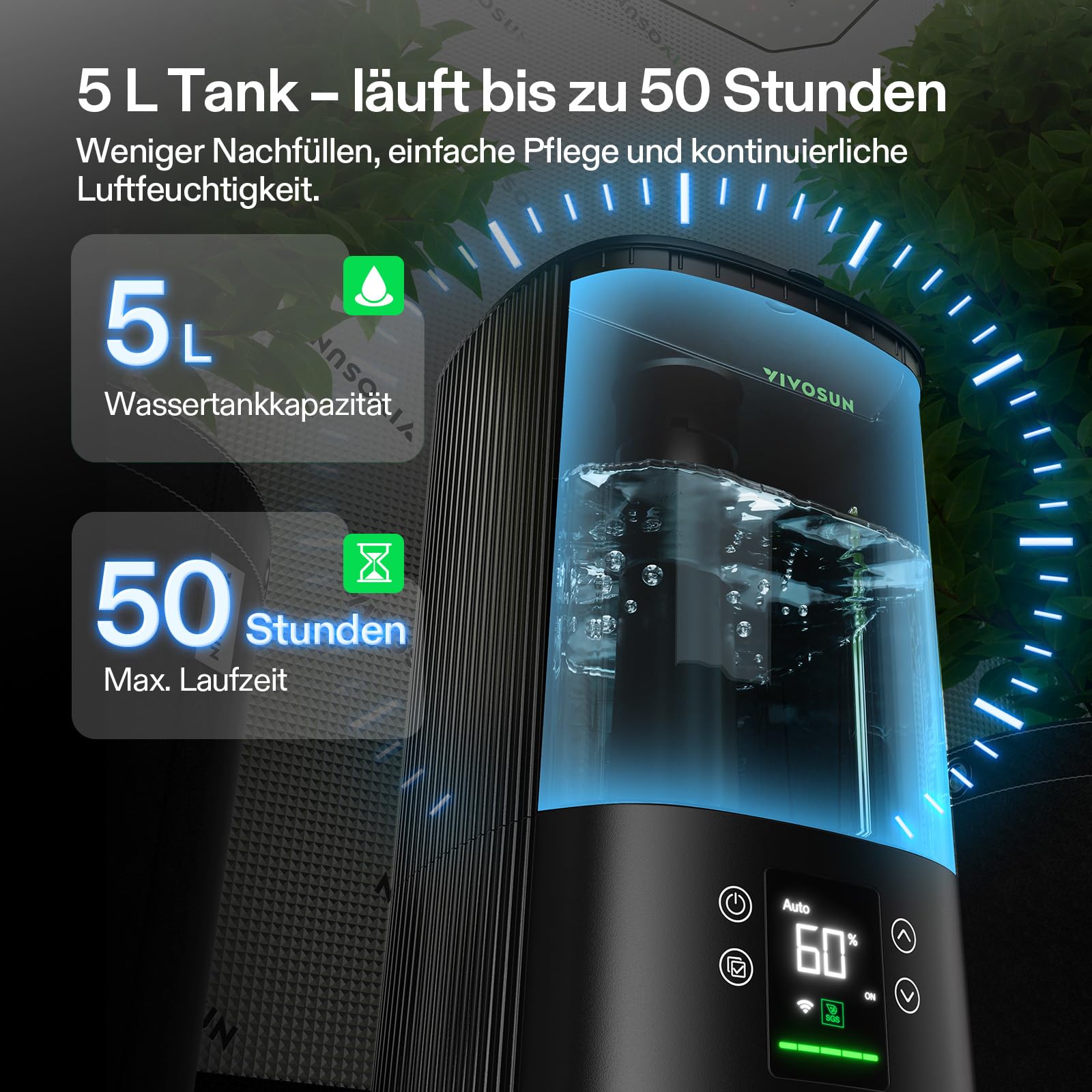 VIVOSUN Smart Humidifier 5L AeroStream H05 VPD Steuerung 24dB Leise 360° Cool Mist Top-Fill Ultraschall für Growzelte