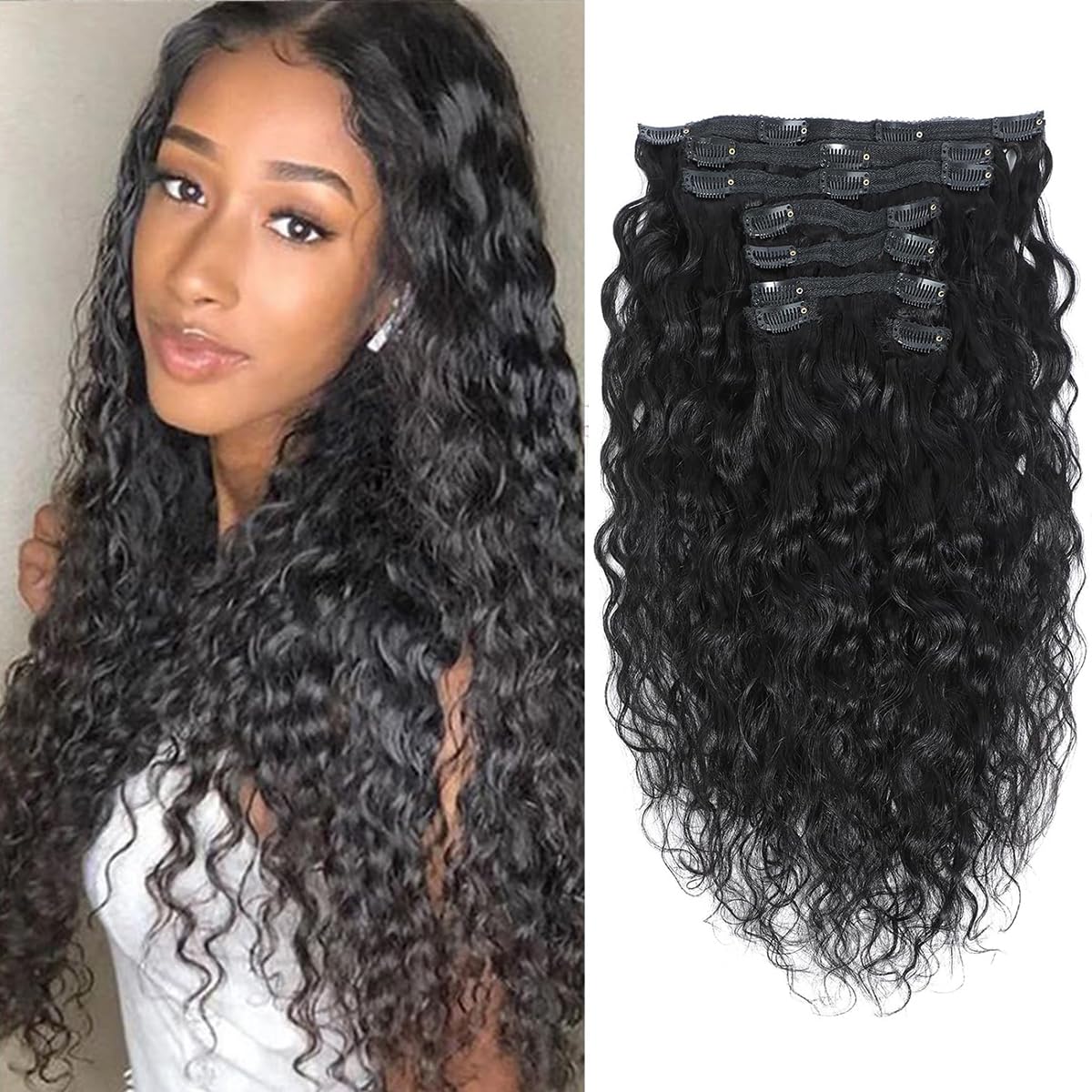 Water Wave Clip in Hair Extensions Human Curly Hair Natural Black 1B Double Weft for Black Women, Wave, 14 Inch 120 Gram