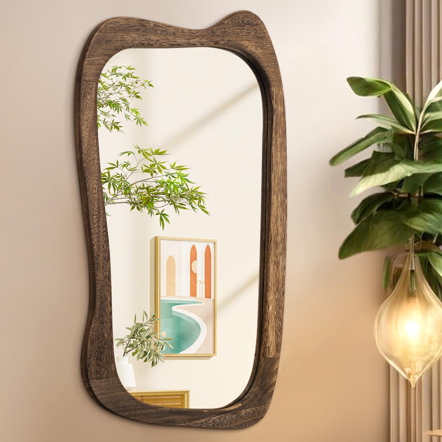 Aazzkang Retro Brown Large Irregular Wall Mirror With Wood Framed 70X40cm Vintage Asymmetrical Hanging Mirrors For Bathroom Bedroom Living Room Entryway Brown
