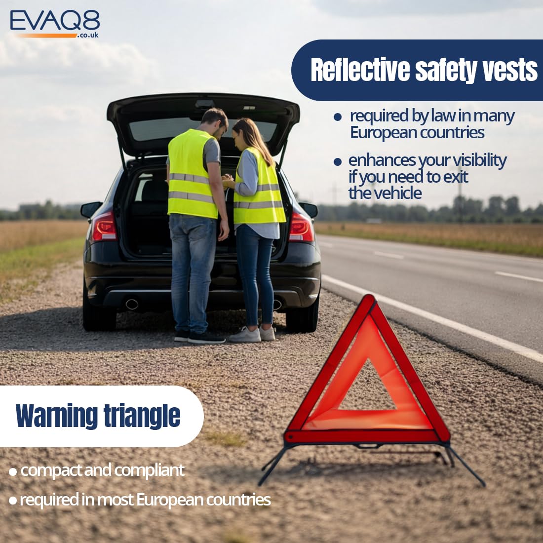 EVAQ8 Europe Travel Driving Kit 2026 Includes the Four Core Items UK Cars Must Carry When Travelling to France, Italy, Germany, Spain: UK Sticker, Warning Triangle, Vests, Headlamp Beam Converters — view 6