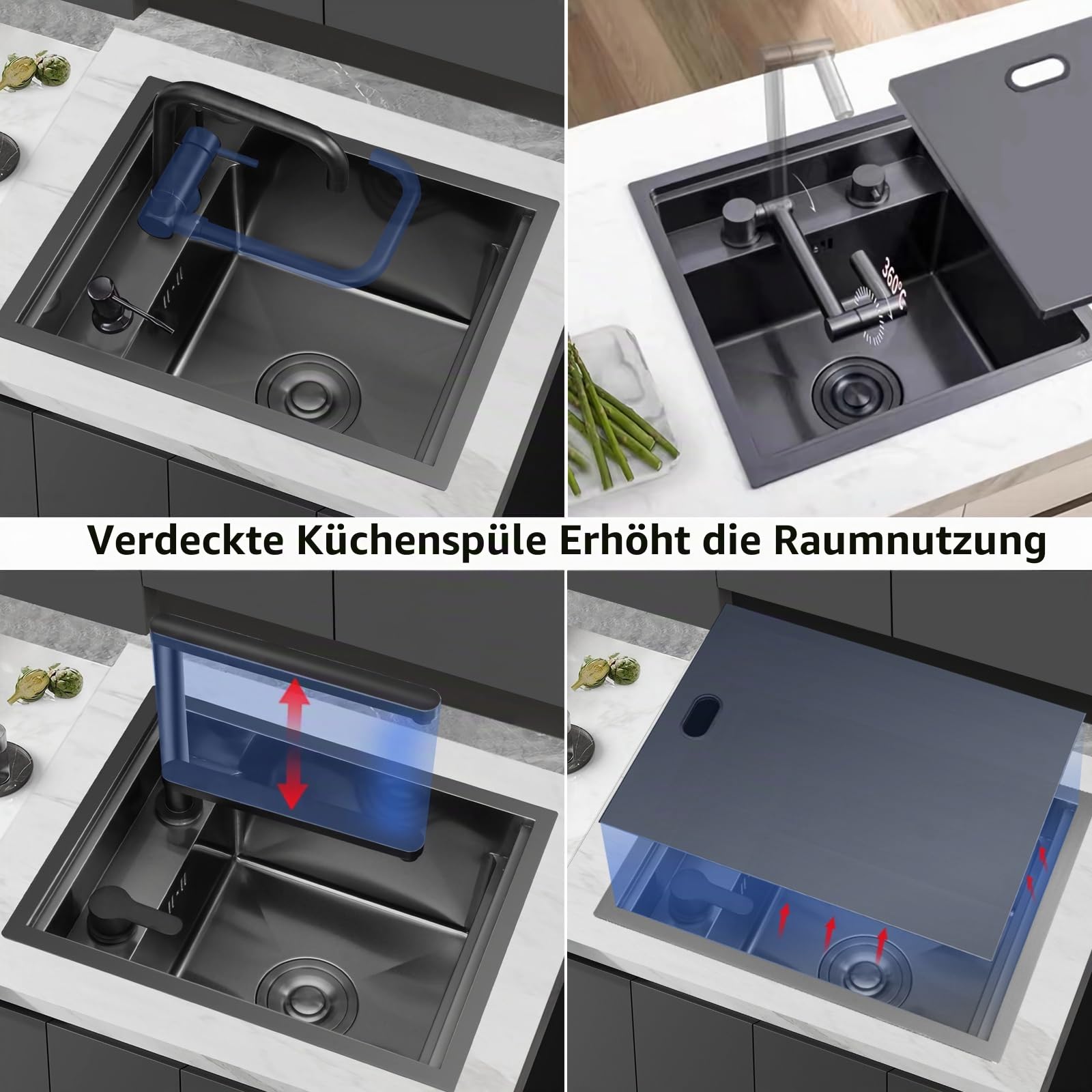 Camping Spülbecken Edelstahl Spüle mit Armatur Set und Abdeckung | Spülbecken Schwarz Versteckte Spüle Klein Multifunktionale Bar/Wohnmobil Spülbecken mit Ablaufgarnitur