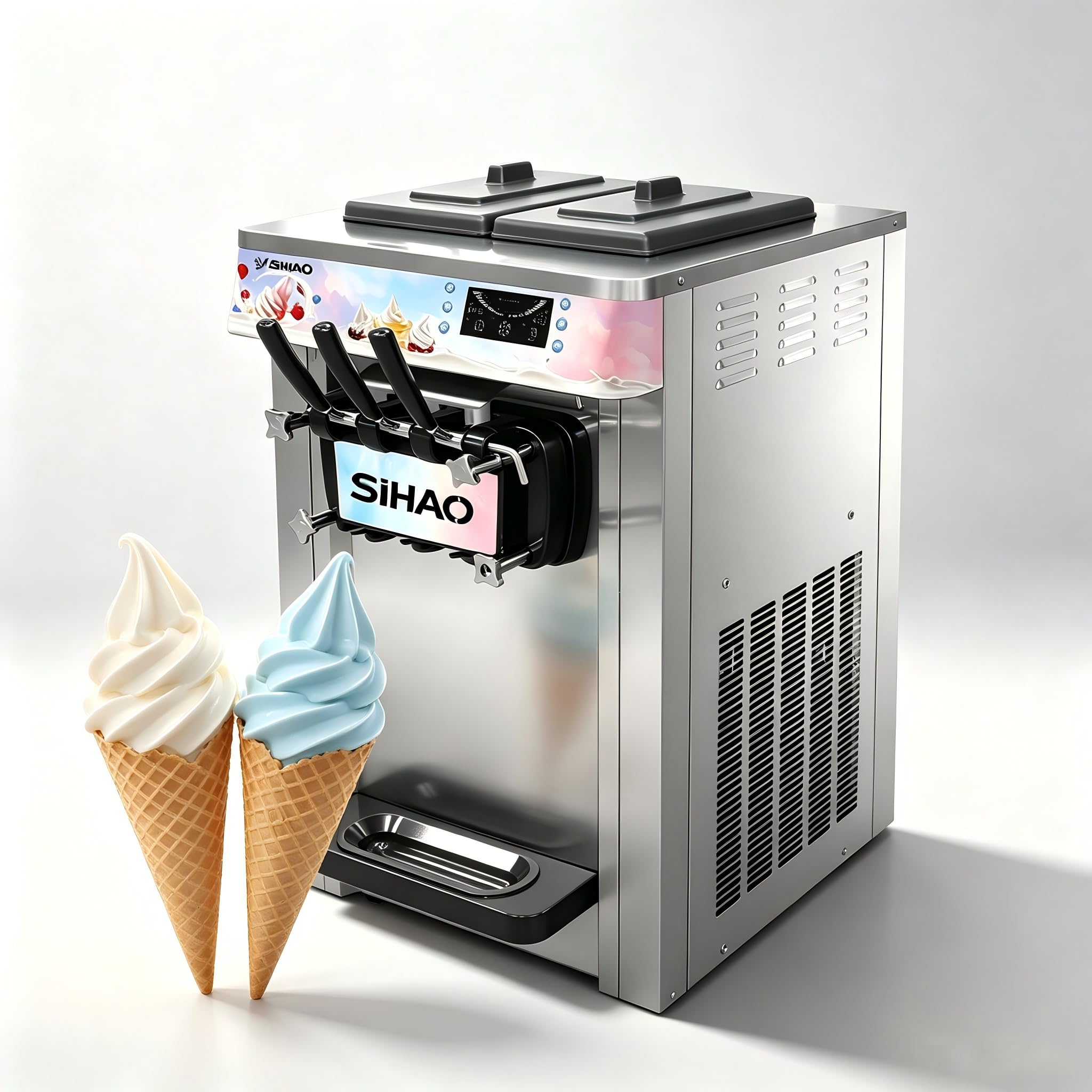 Machine à Crème Glacée Commerciale 2200 W, 20-28 L/h, 3 Saveurs，Machine à Glace Italienne avec Écran LED, Refroidissement Rapide, Nettoyage Automatique, pour Restaurant, Café, Bar, Glacier(S20AB)