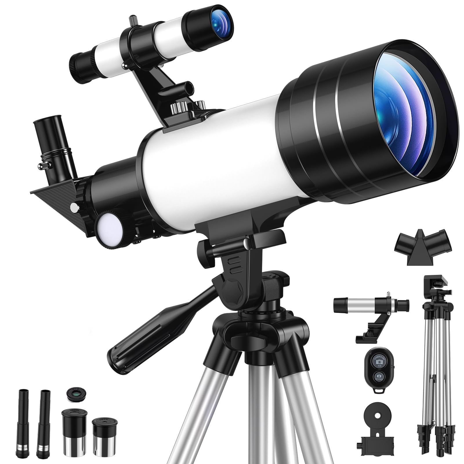 Télescope Astronomique Réfracteur 70/300mm, FMC Haute Transmission, Grossissement 15-150X, Trépied Réglable, Support Téléphone & Télécommande Bluetooth, pour Débutants en Astronomie Adultes Enfants