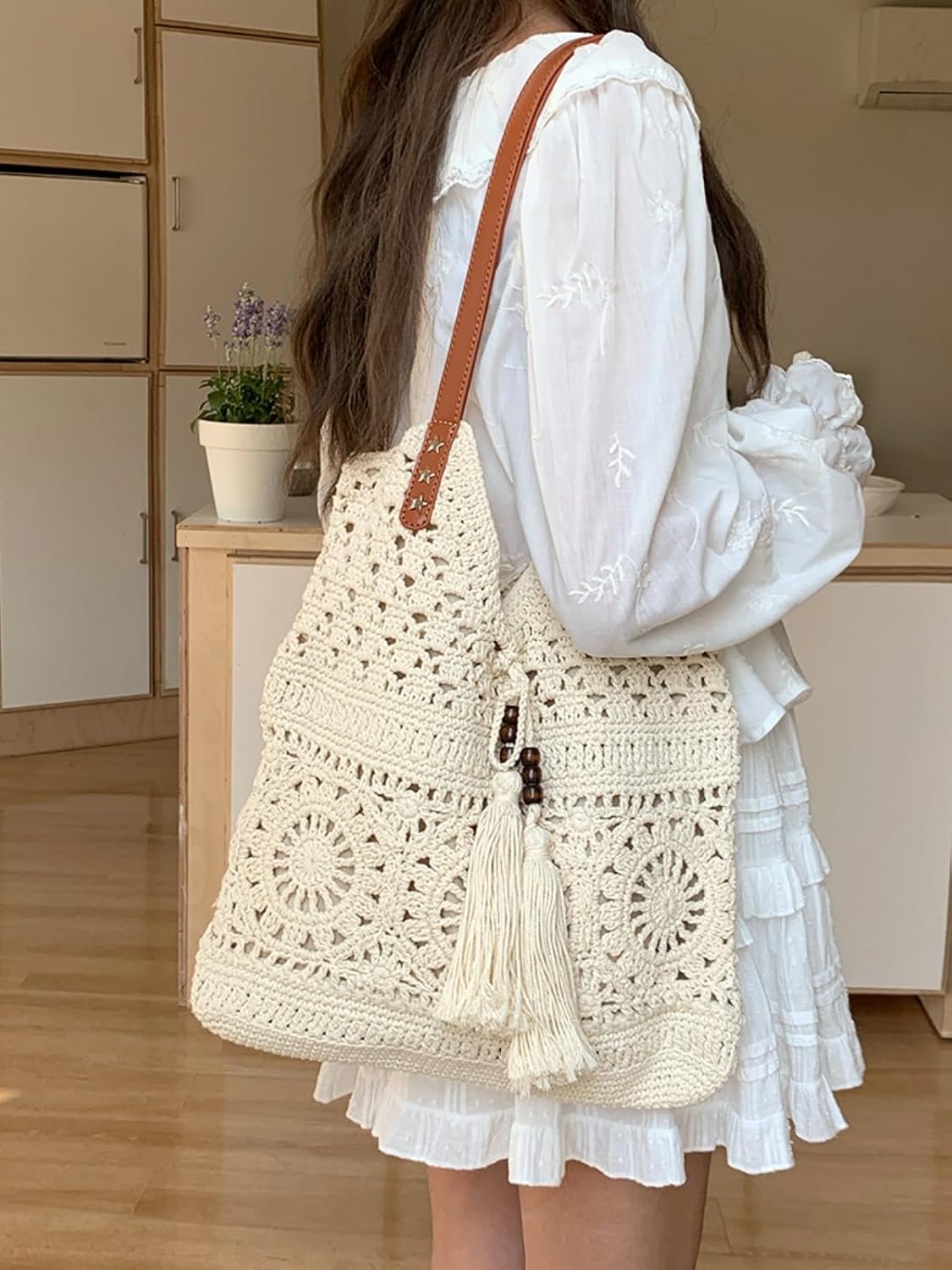 Boho Crochet Summer Handbag Handmade Cotton Rope Knit Shoulder Bags for Women Bohemia Tote for Travel Straw Hobo Bag