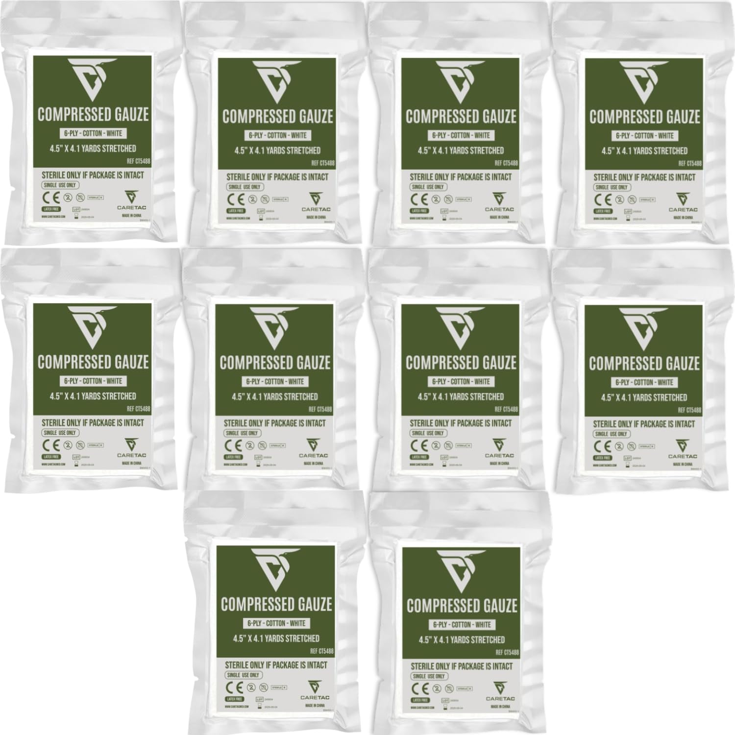 CareTac Garza compressa sterile per medicazione di emergenza per ferite, 11,4 x 12,3 '- Piegata a Z, elastica, altamente assorbente, 100% cotone per imballaggio ferite, arresto spurgo, IFAK, kit