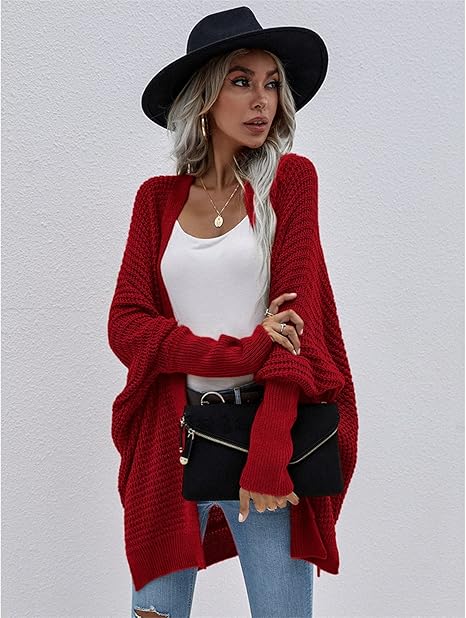 Amazon Co Jp Women S Loose Open Front Long Sleeve Solid Color Knit Cardigan Sweater Blouse Open Front Side Slit Sweater Batwing Sleeve Sweater Color Red Size S Clothing Accessories