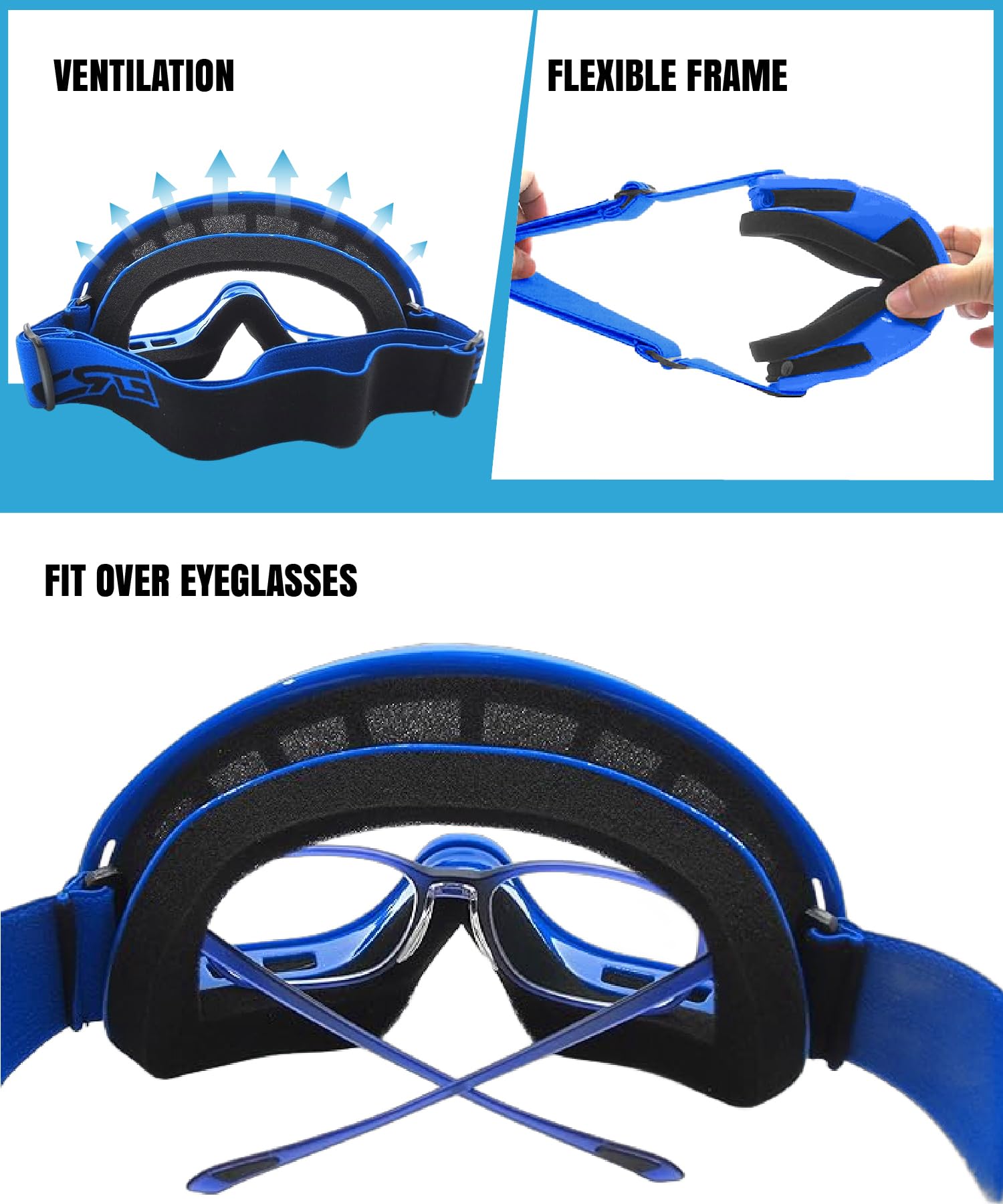 CRG Sports Gafas de motocross, cuatrimoto, todoterreno, color azul, T815-3-3 T815-3-3, lente transparente, marco azul