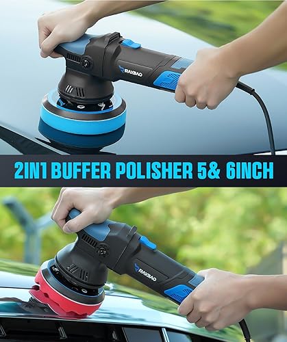 Miniatura 2 de RAYBAO Pulidora de búfer, pulidora de búfer de coche de 900 W, pulidora de búfer DA de 5 y 6 pulgadas con orbital aleatorio, 6 velocidades variables