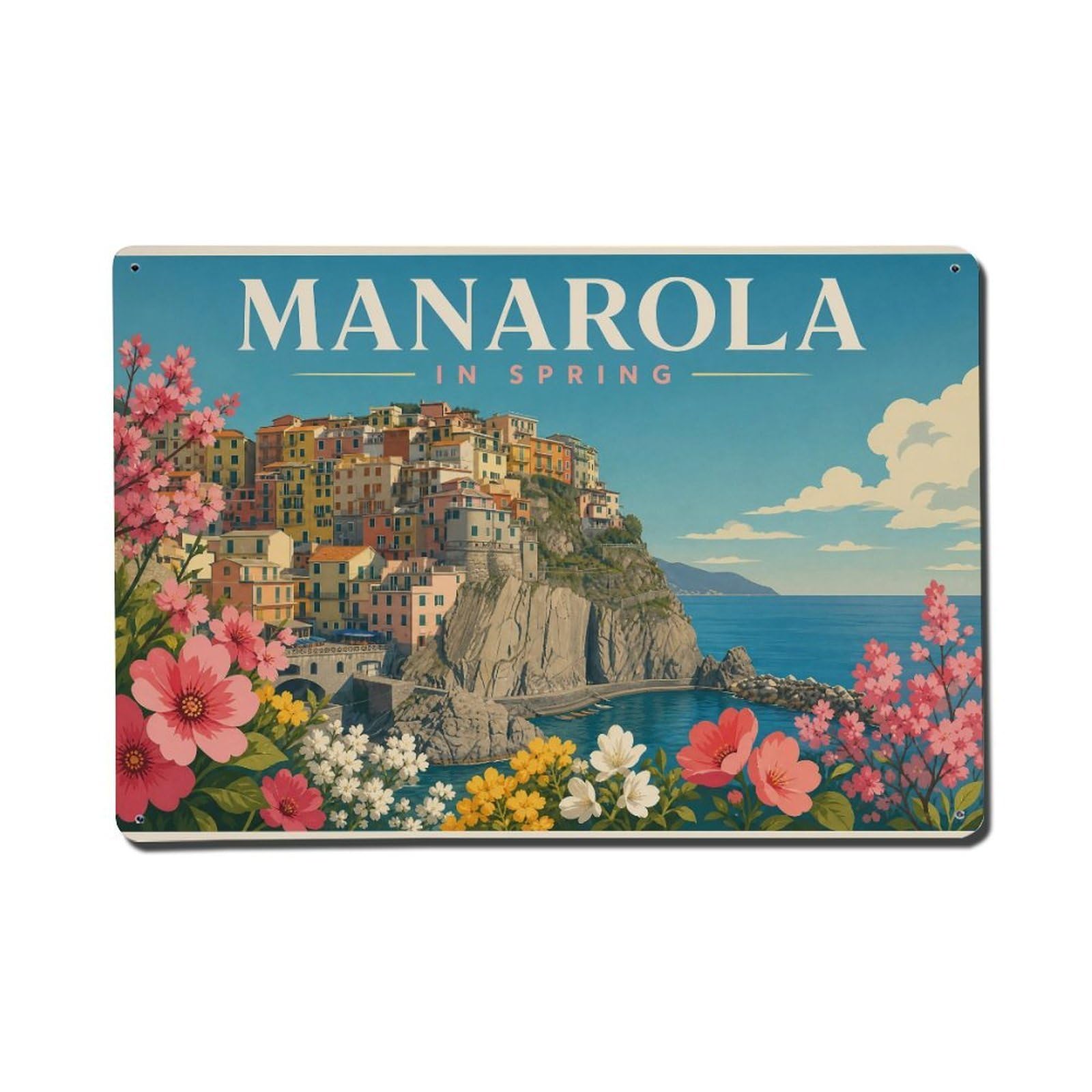 Vintage Travel Manarola Spring Flowers Blooming Village Metal Tin Sign