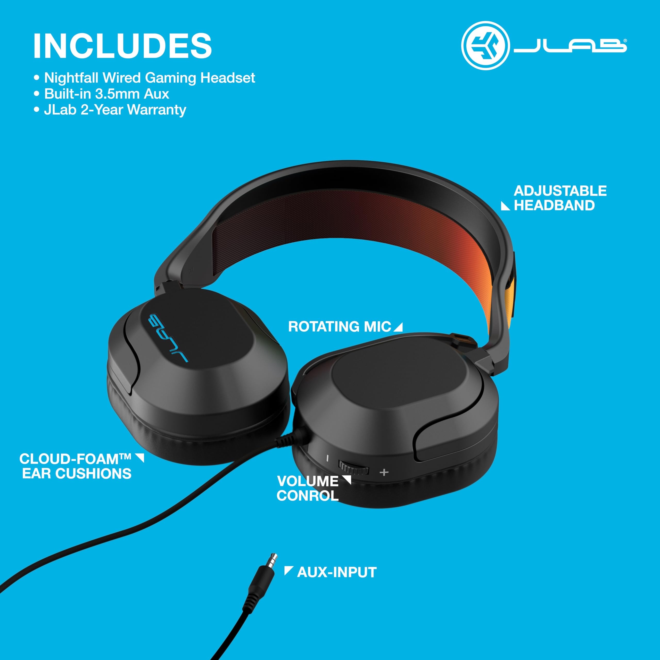 JLab Nightfall Cuffie Gaming con Filo Over-Ear con Microfono per PC/Xbox/PS5/PS4/Nintendo Switch – Driver da 50mm, Cuscinetti Cloud Foam, Isolamento Acustico | Driver da 50mm, Cuscinetti Cloud Foam, Isolamento Acustico, per PC/Xbox/PS5/PS4/Nintendo Switch