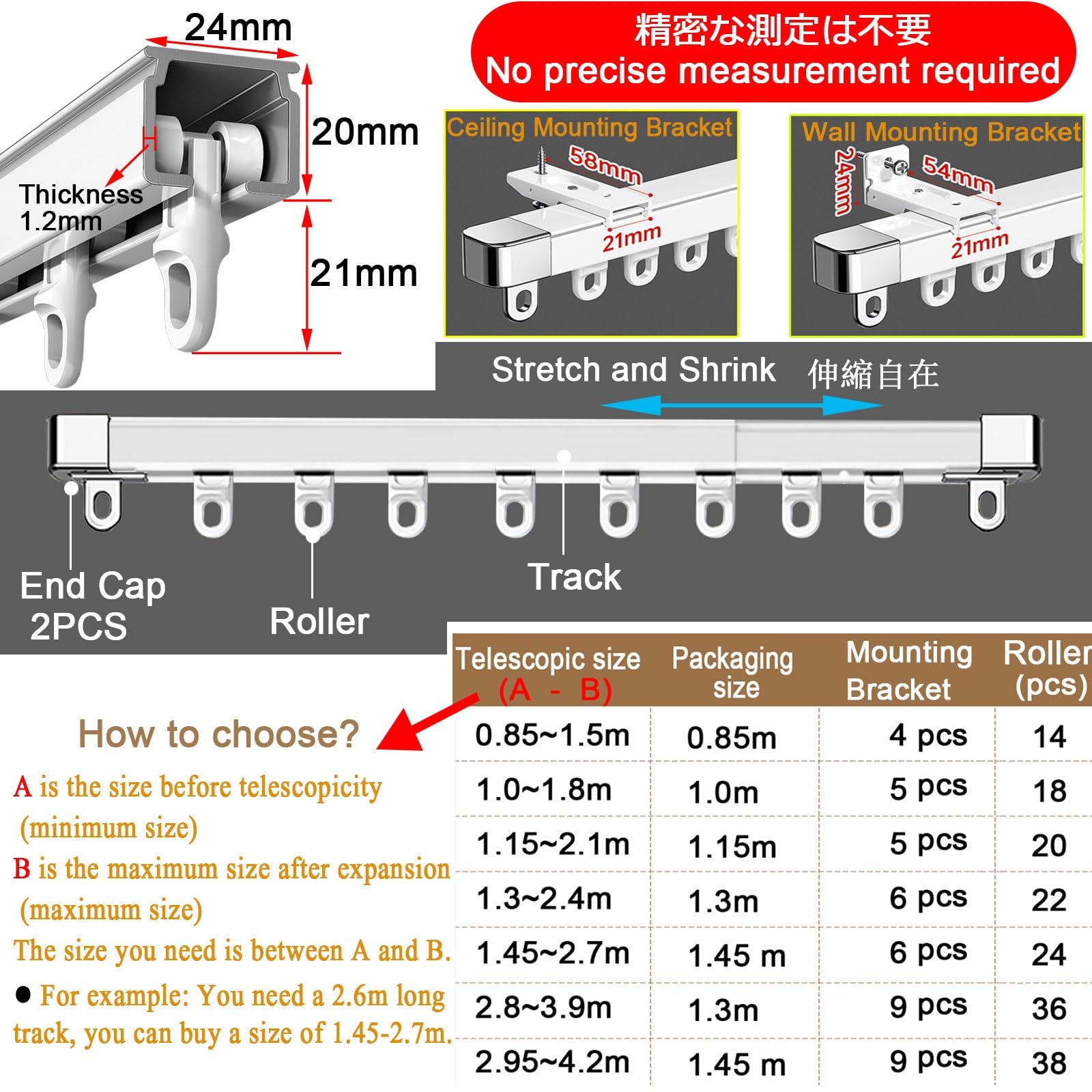 Binario Per Tenda Estensibile Facile Installazione - Bastoni Scorritenda Per Tende 85-420CM - Binari Regolabili Con Terminali In Metallo, Traccia Singola/Doppia Pista, Soffitto/parete(Single track,0.8