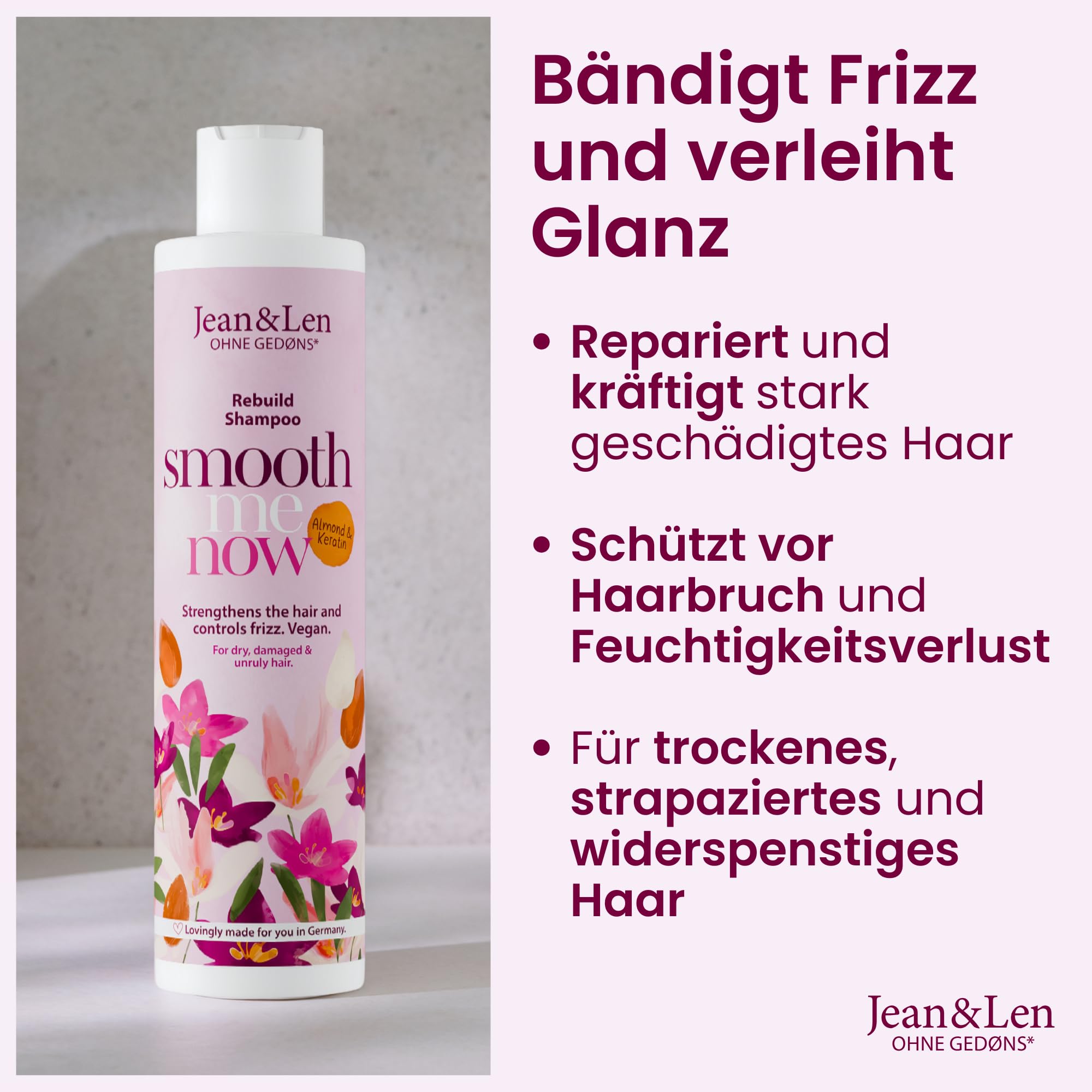 Jean & Len Rebuild Shampoo Almond & Keratin, for damaged hair protects against breakage and split ends, tames frizz - Image 3