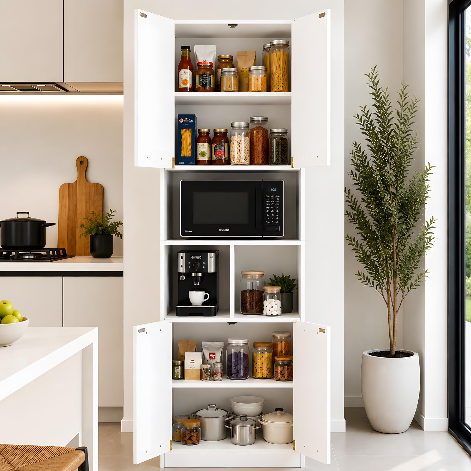 Armario Multiusos Blanco con 4 Puertas, Mueble Auxiliar de Cocina y Armario Despensa, Armario Oficina con Estantería, Armario 60 cm Ancho y 40 cm Profundidad
