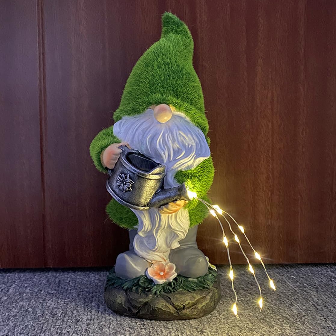 Takingup Garden Ornaments Solar Gnome Statue with Watering Can Fairy Lights Waterproof Dwarf Figurine Decorations for Yard Lawns Garden Ornament