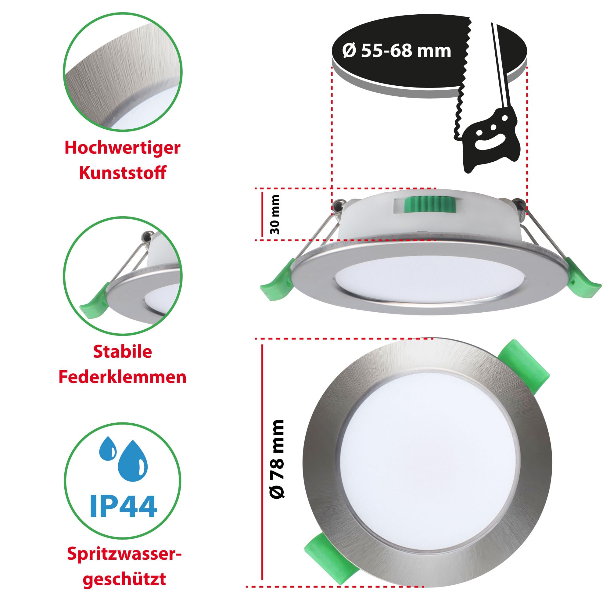 Maxkomfort LED Einbaustrahler flach 12x 4 Watt SET Bad URANUS | IP44 110° 290lm 68mm|Warmweiß Neutralweiß Kaltweiß | Feuchtraum, Edelstahl-Optik