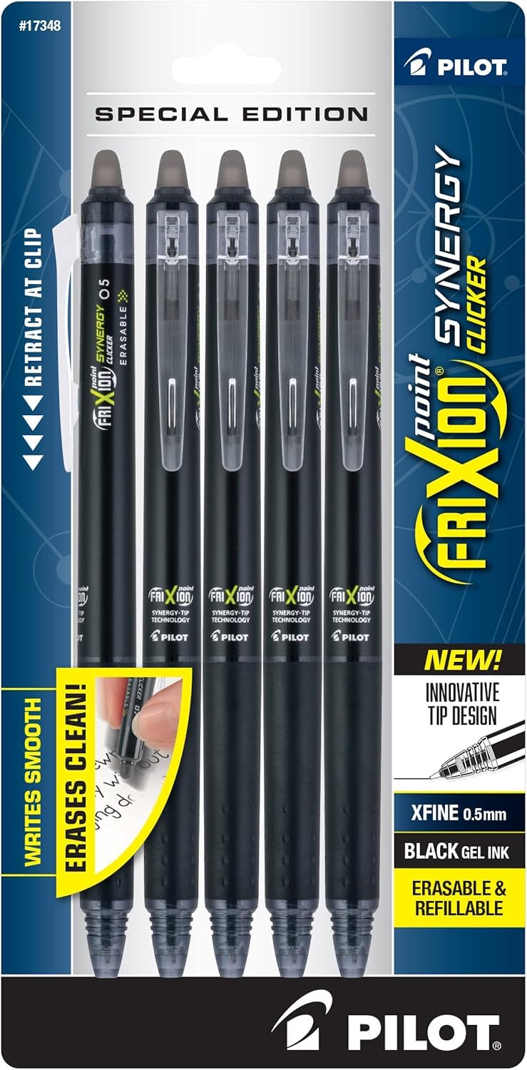 Pilot FriXion Synergy Clicker Erasable, Refillable, Retractable Gel Ink Pens, Extra Fine Point 0.5 mm, Pack of 5, Black Ink, FriXion Erasable Pens 0.5