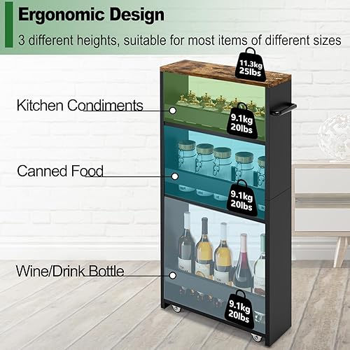 Miniatura 3 de MARTY - Carrito de almacenamiento rodante de 4 niveles, color negro, carrito de cocina con ruedas, carrito delgado de almacenamiento con asa,