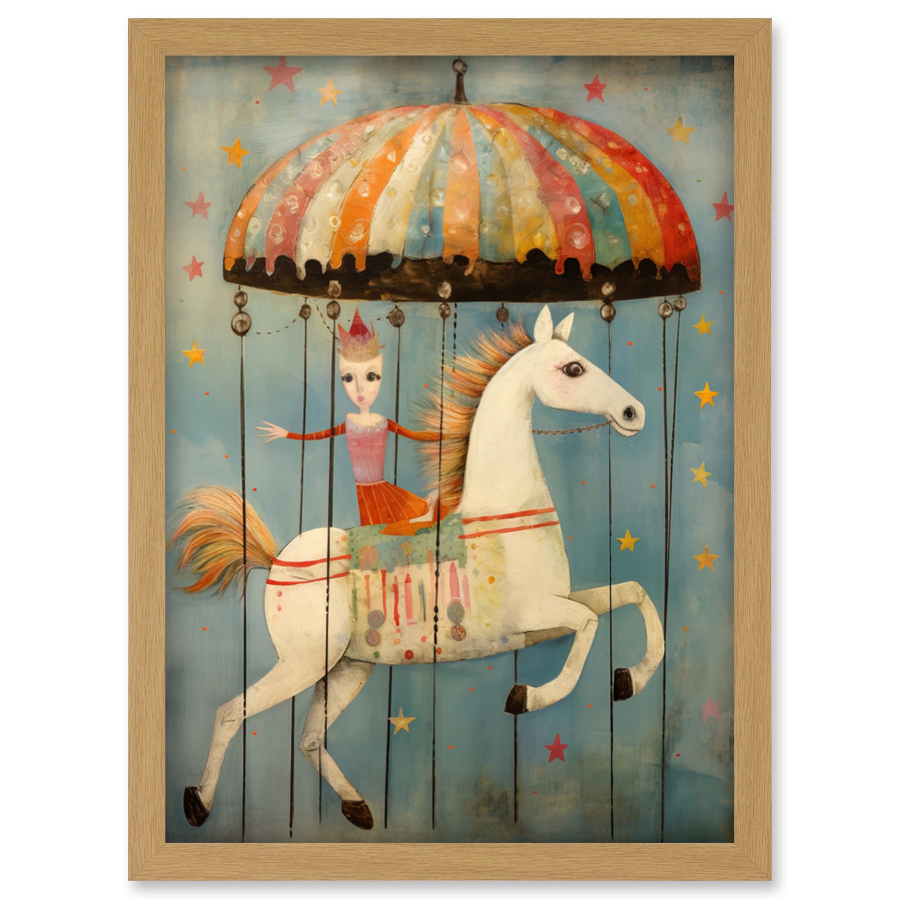 Artery8 Folk Art Whimsical Carousel Fairground Kids Girls Bedroom Artwork Soft Pastel Horse Artwork Framed Wall Art Print A4
