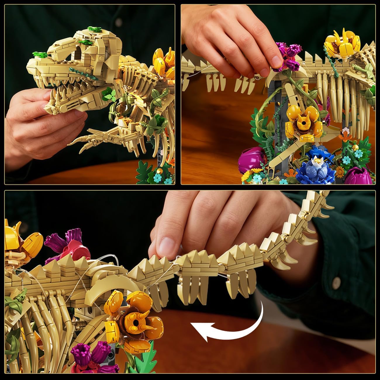 Close-up of hands attaching floral elements to the dinosaur skeleton