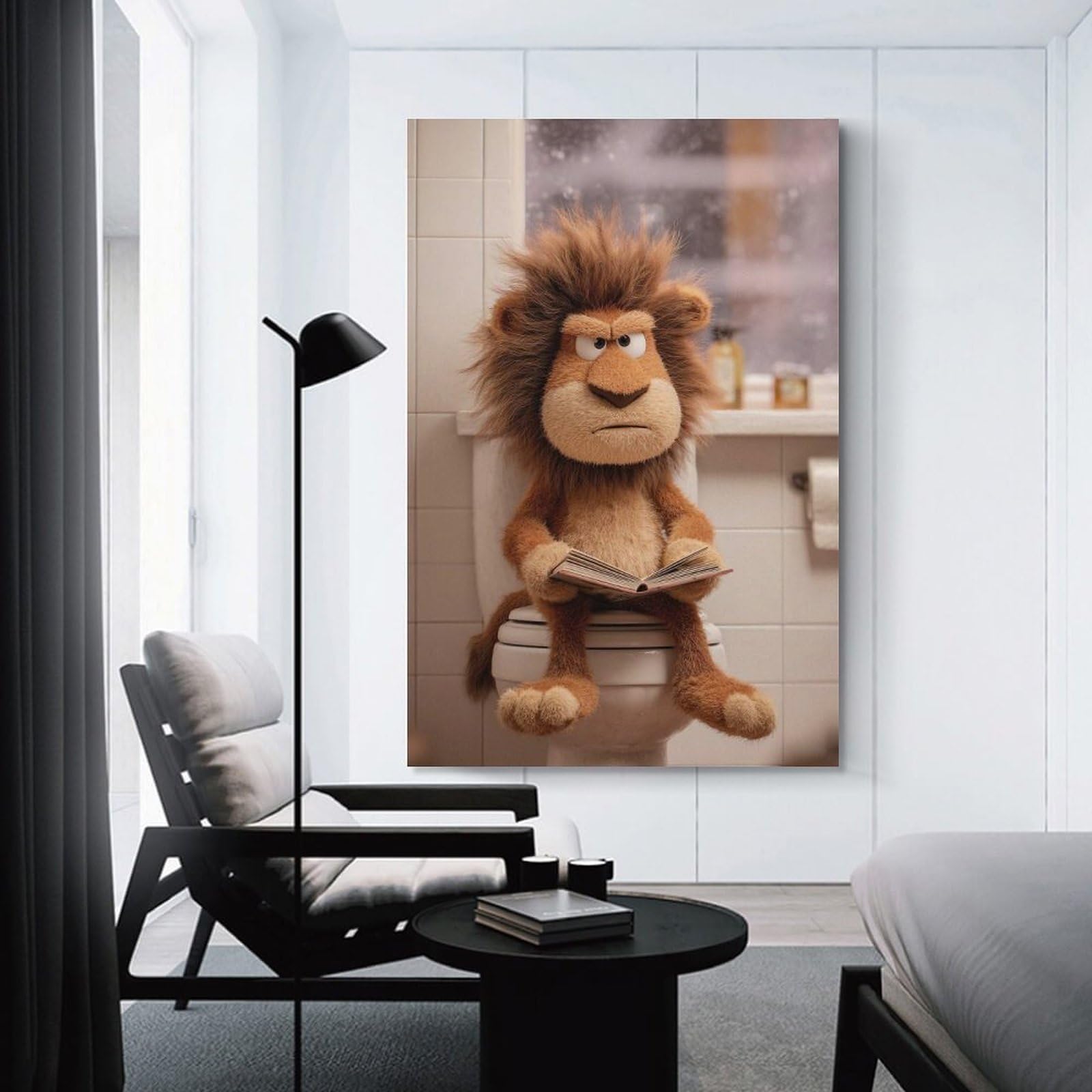 Junmoney Lion Reading on A Toilet Canvas Wall Decor, 20x30inch(50x75cm), for Gallery Wall Decor And Room Displays, Wall Decor Suited to Curated Displays