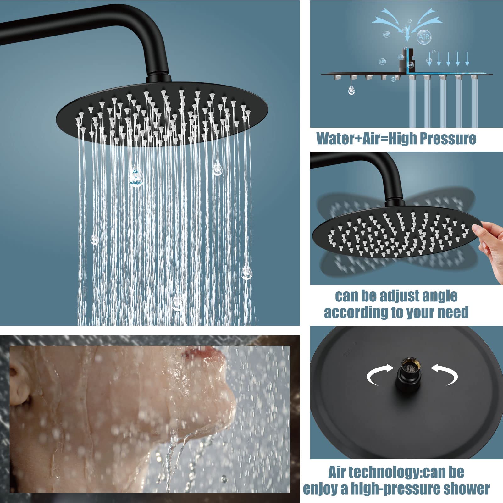 Bras De Douche Aolemi Noir Mat 20 Cm – Acier Inoxydable, Avec Bride, Raccord NPT 1/2 Pour Pommeau De Plafond