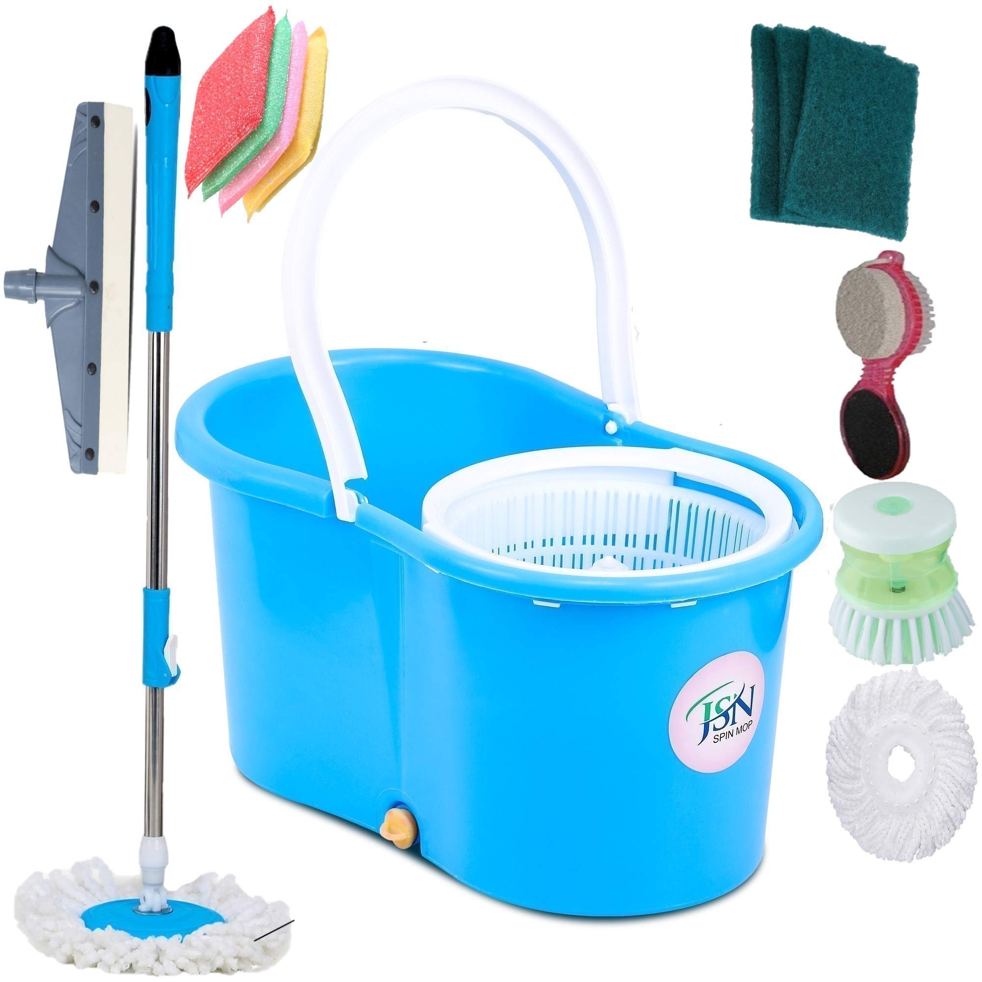 JSN Classic Magic Dry Bucket Mop 360 Degree Self Spin Wringing with 3 Refill Pedi Cleaner Floor Wiper Sponge Scrub Scrubber Sink Brush Mop Combo Set