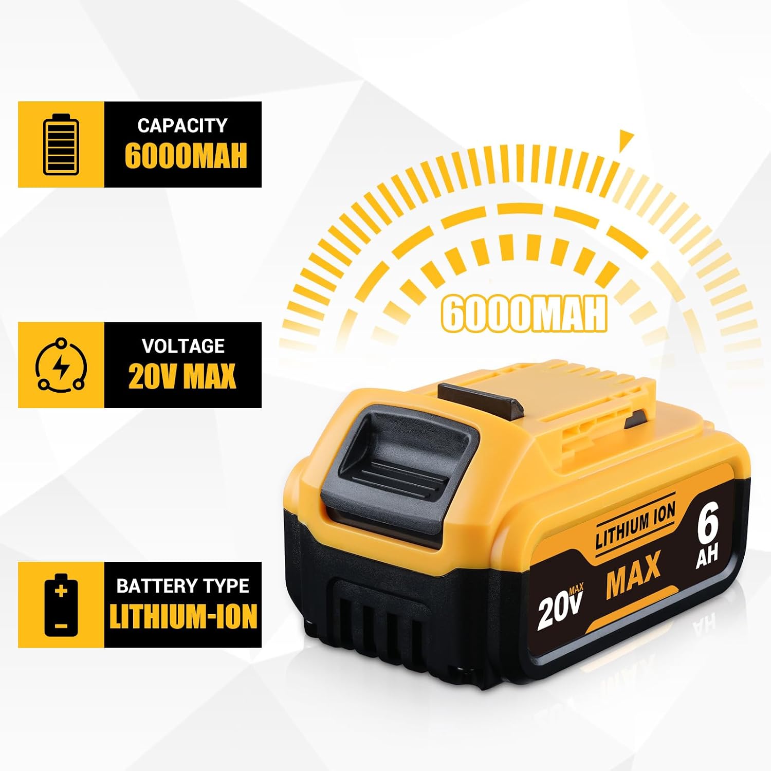 DCB200 6.0Ah Replacement for Dewalt 20V Max Battery with LED Indicator, Compatible with Dewalt 20V Cordless Power Tools