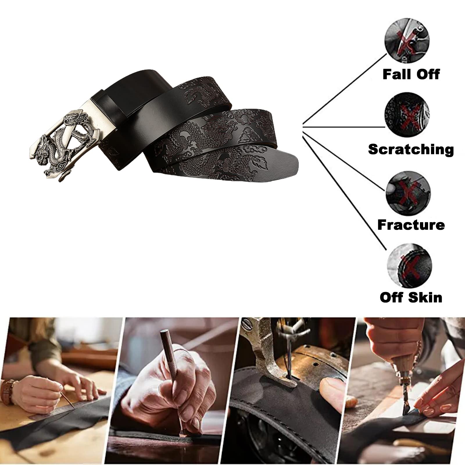 Vestido para hombre Jeans Cinturón Trinquete Automático Dragón deslizante Hebilla plateada Cuero en relieve Correas de cintura negras 1 3/8 "(35 mm)