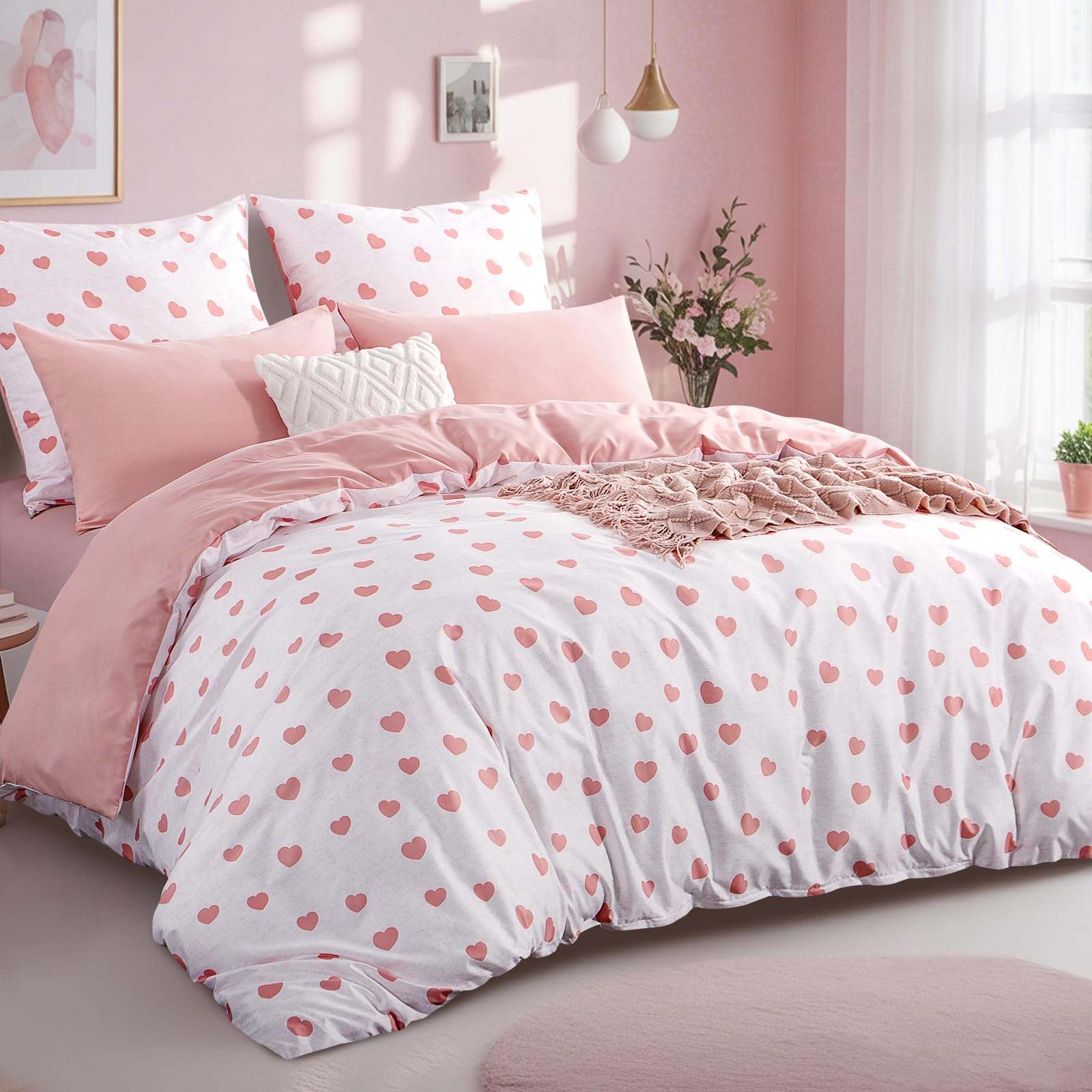 RUIKASI Bettwäsche 135x200 2teilig Rosa - Bettbezüge 135 x 200 mit Kissenbezug 80x80 cm, Herzen Bettwäsche-Sets 135x200cm aus Mikrofaser mit Reißverschluss Weich und Bügelfrei