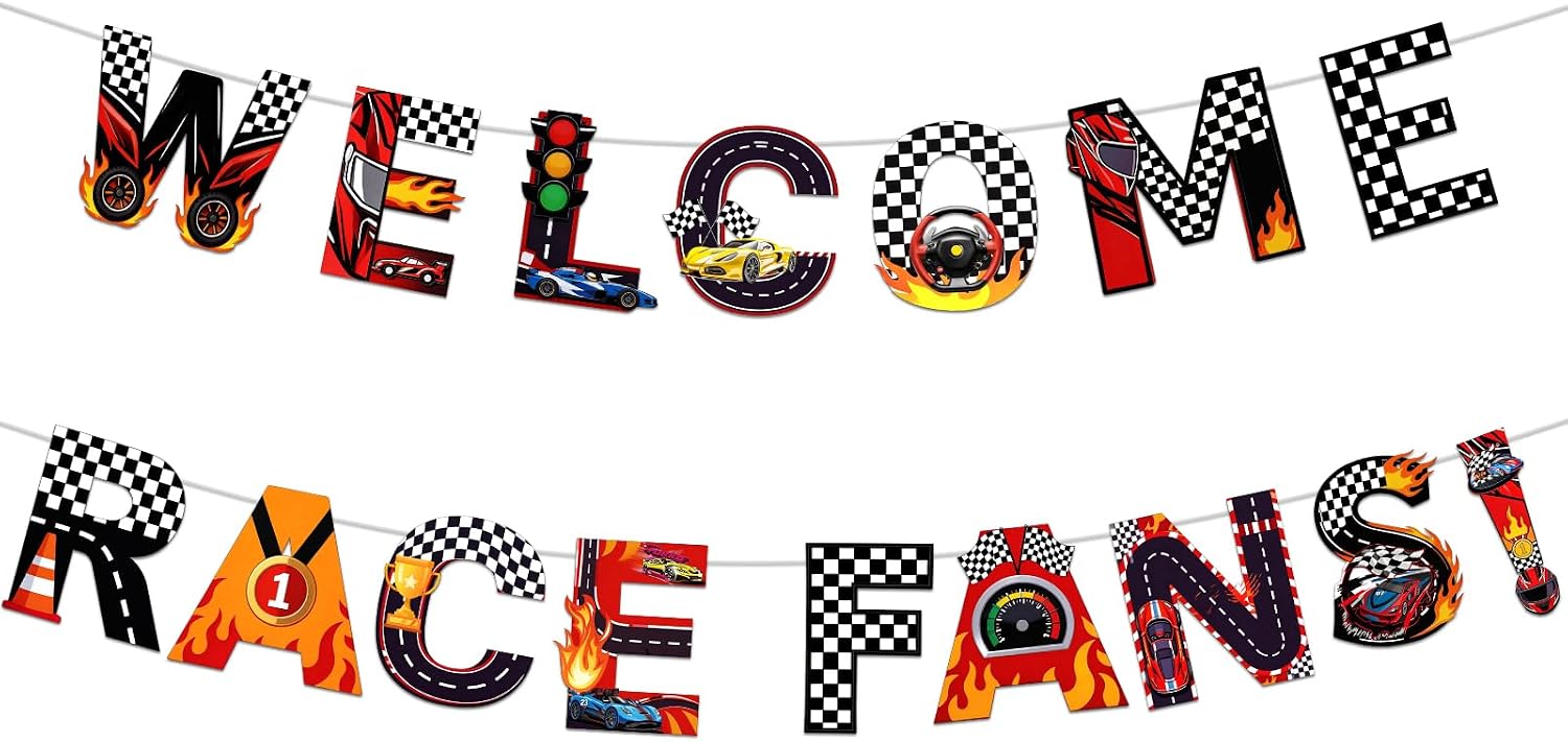 gisgfim Racing Cars Party Decorations-Welcome Race Fans Banner Race Car Banner Garland Black and White Checkered Racing Party Suppliers for Birthday Photo Props Boy Room Decor