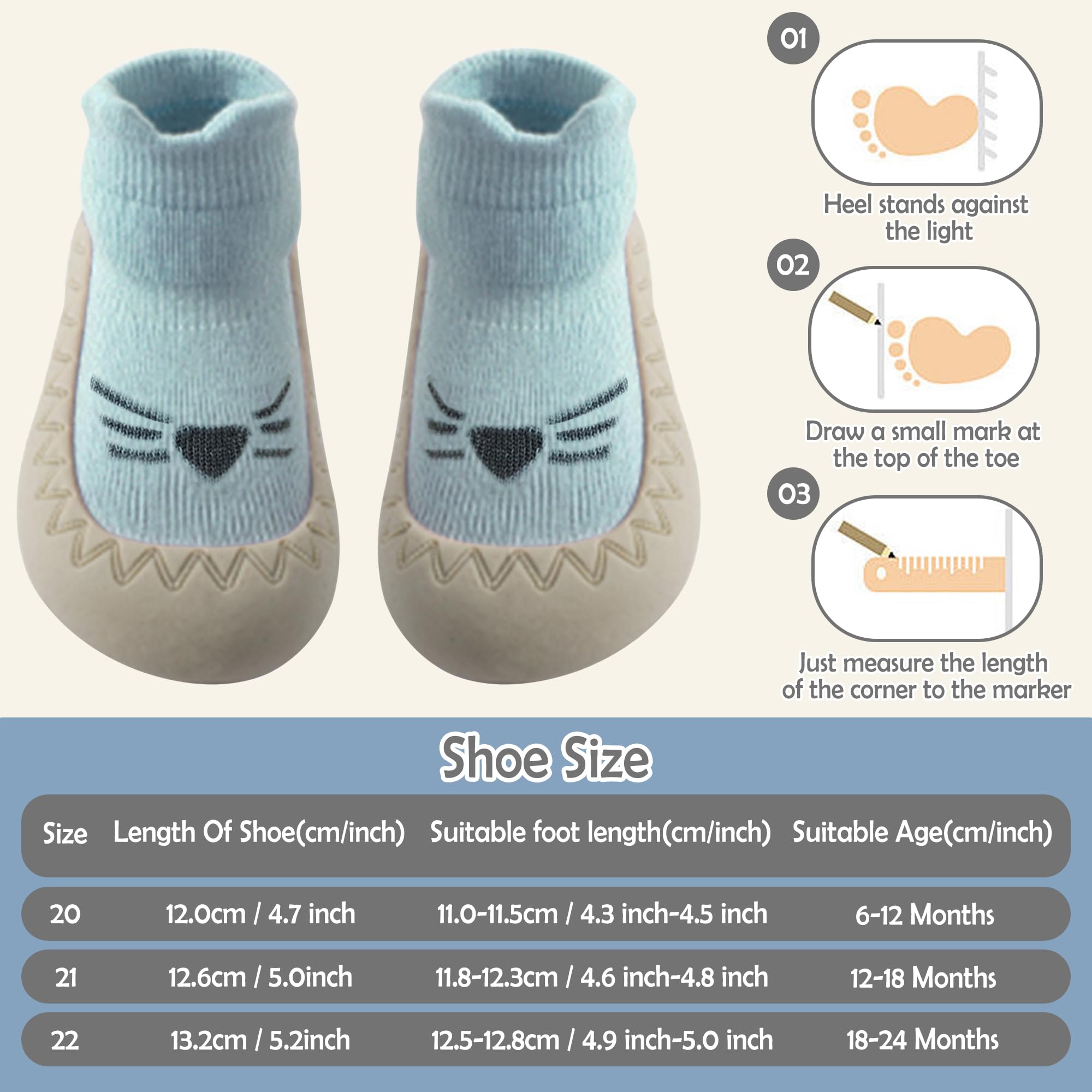 JinBei Skarpety dziecięce, antypoślizgowe, gumowa podeszwa, buty do nauki chodzenia, słodkie, dla małych dzieci, miękka podeszwa, antypoślizgowe, buty dla chłopców i dziewczynek, 6-24 miesięcy