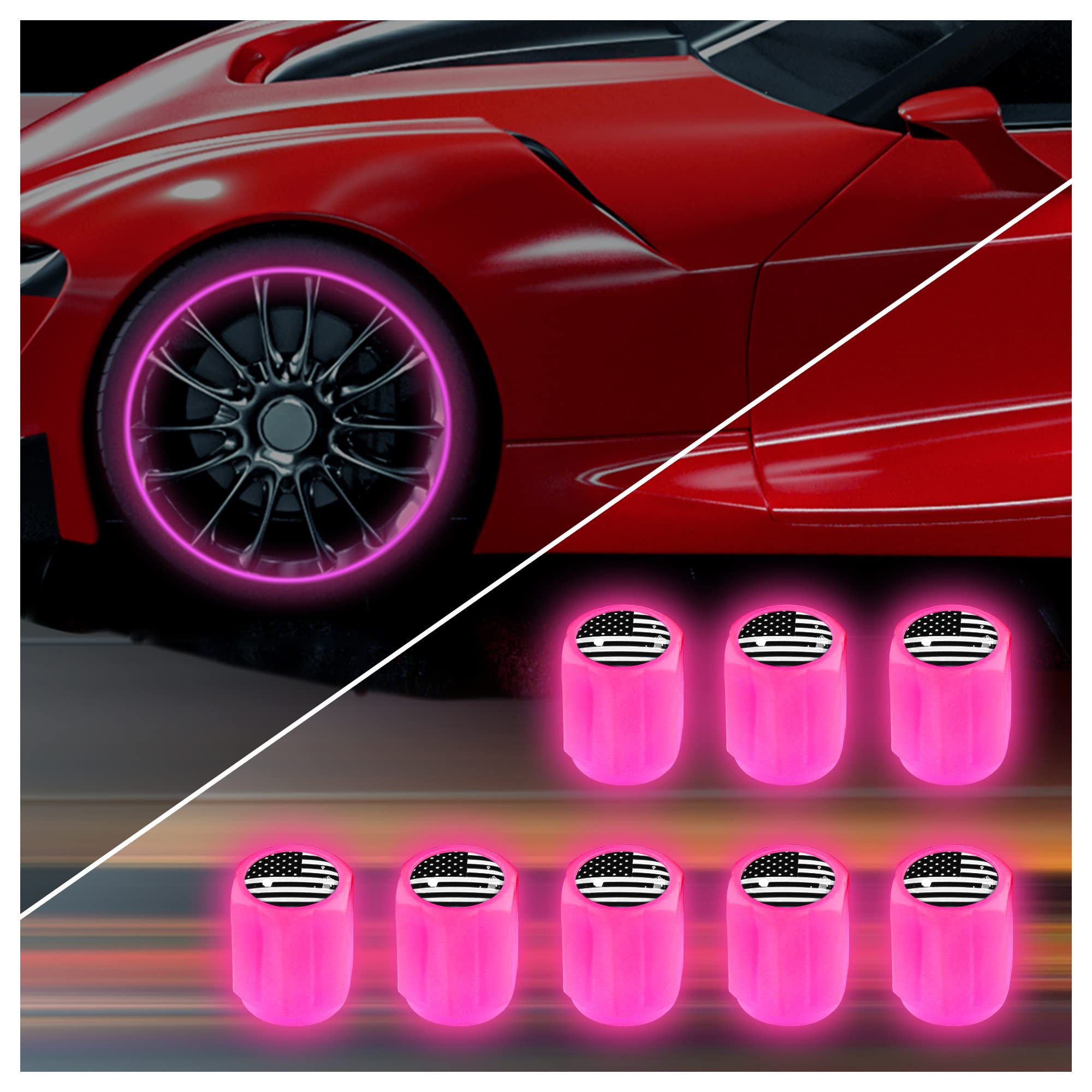 American Flag Night Glow Luminous Wheels Cap Tire Valve Stem for Car,Accessories for Car-Tire Caps 8 Pack-,Suitable for Truck,Motorcycle,Bicycle (Mono-Colored US Flag-Pink)