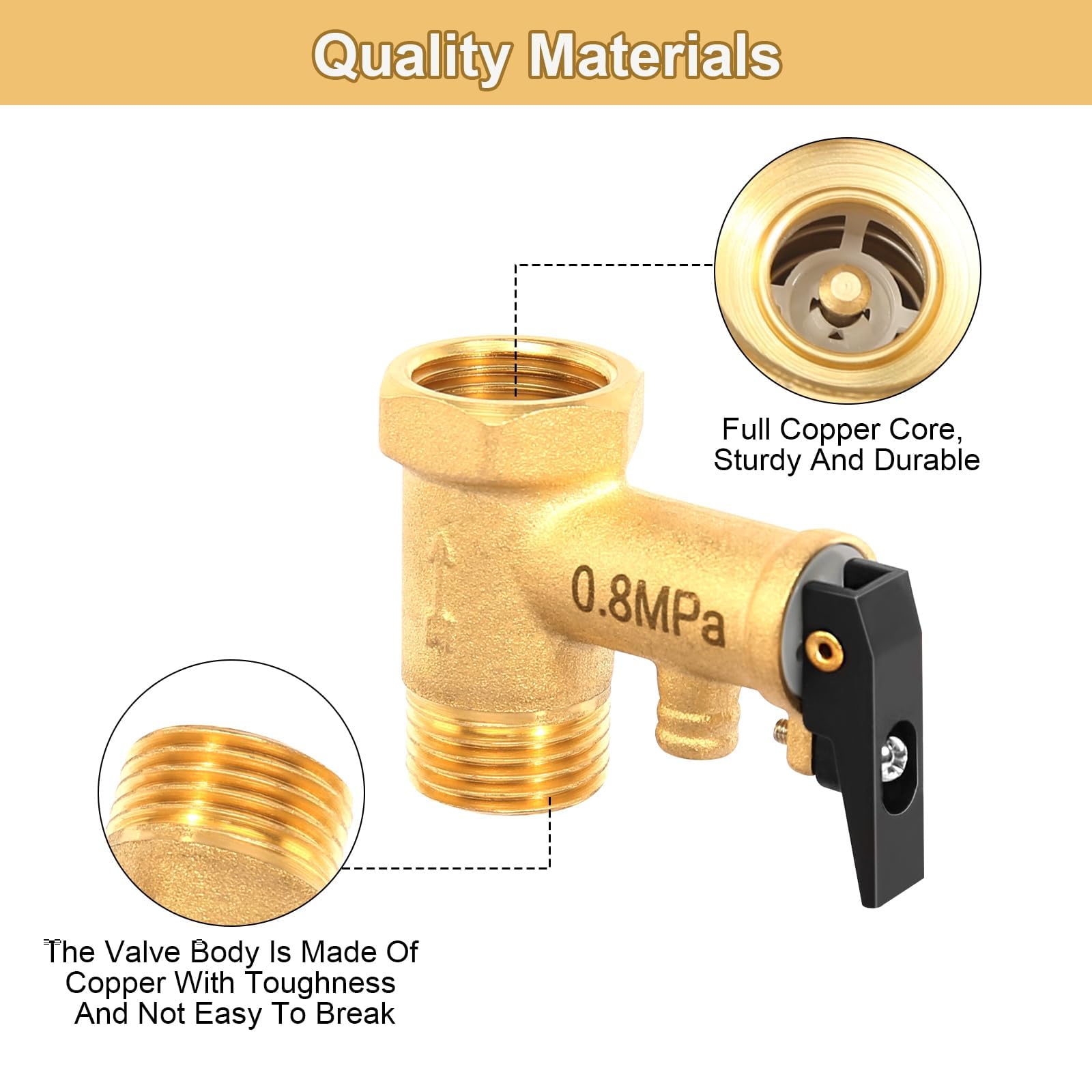Soupape de Sécurité 1/2 Pouce, 0,8 MPa Soupape de Sécurité en Laiton avec Tuyau de Guide et Joint de 1M, 1/2" IG x 1/2" AG Chauffe-eau Valve de Surpression Non Retour