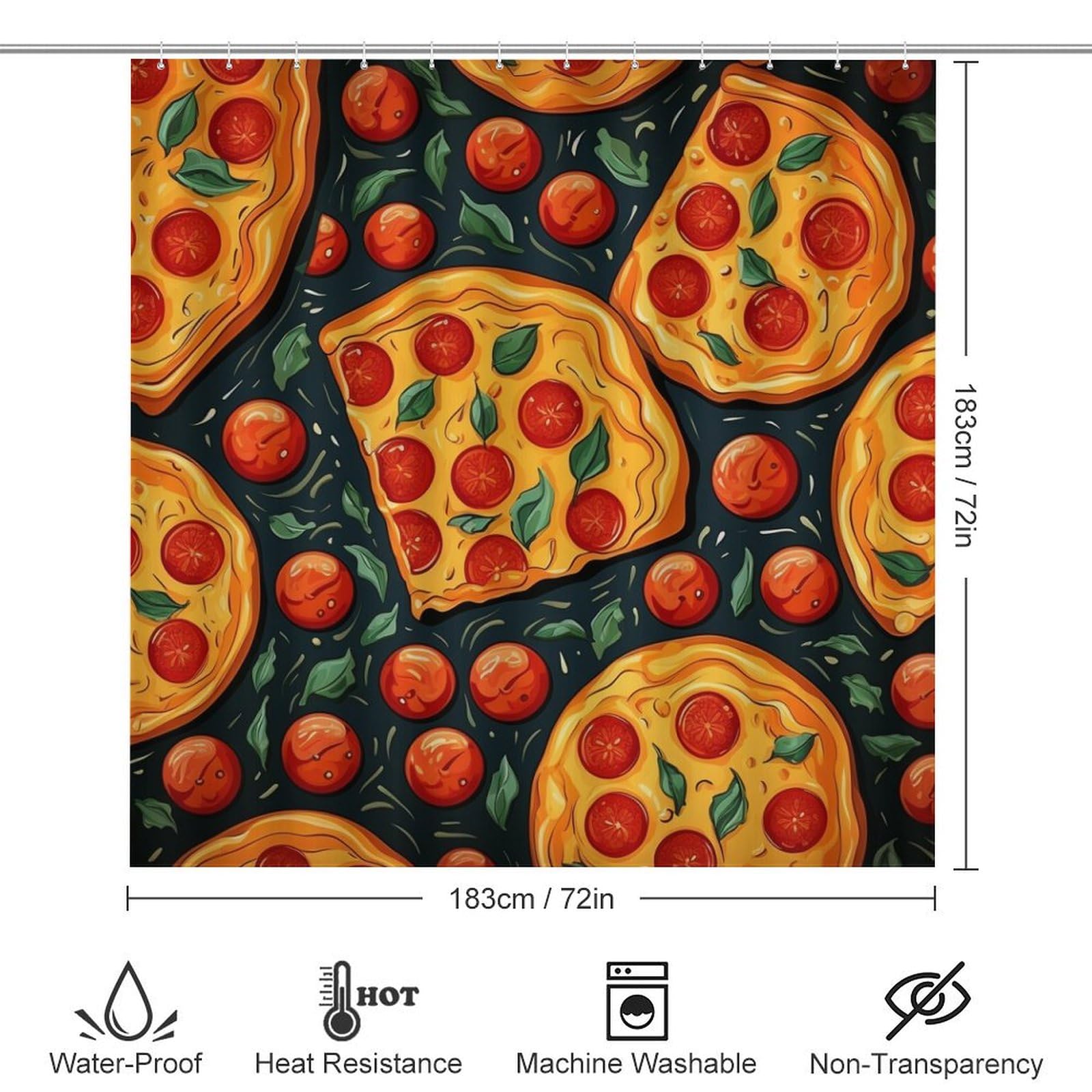 HighonHi Pepperoni Pizza 4 Pcs Shower Curtain Set Bath Mat U-Shaped Floor Mat Toilet Lid Oval Rug Funny Realistic Food Waterproof Personality Pattern Bath Curtain for Bathtub Decor