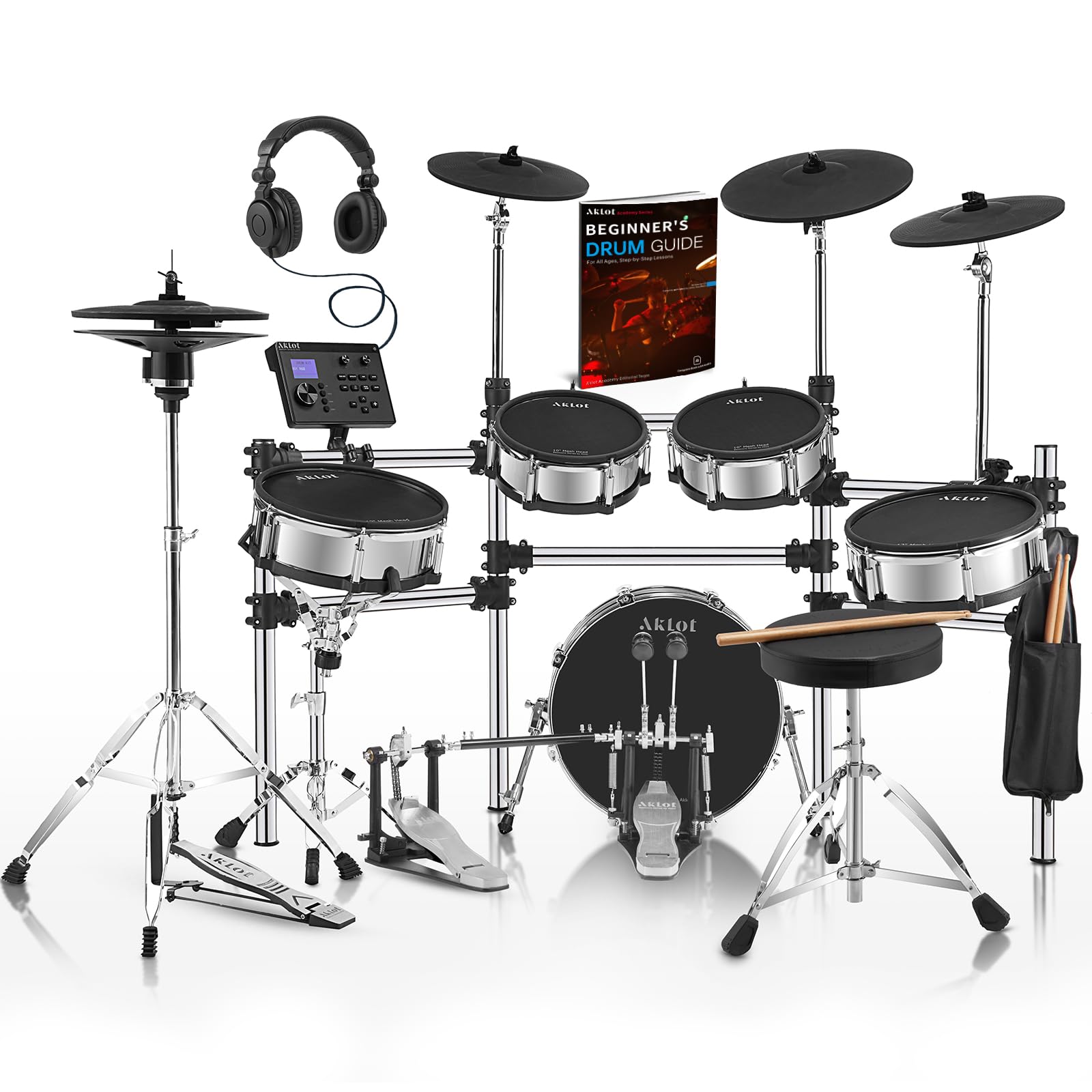 AKLOT Acoustic-Style Electric Drum Set: Independent 16'' Wooden Double Pedal Bass Drum and 12'' Snare, Triple-Zone Ride Cymbal, Standalone Hi-Hat, Full Mesh Pads, 460 Sounds, USB MIDI (B-CORE543D)