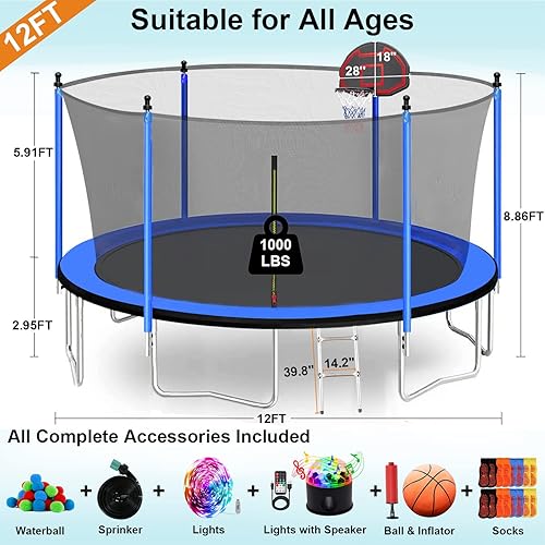 Miniatura 6 de Yoluckea 1500 libras 10 12 14 15 16 pies para adultos y niños con rociador, luces, aro de baloncesto, bolas de agua, 16 calcetines, trampolín