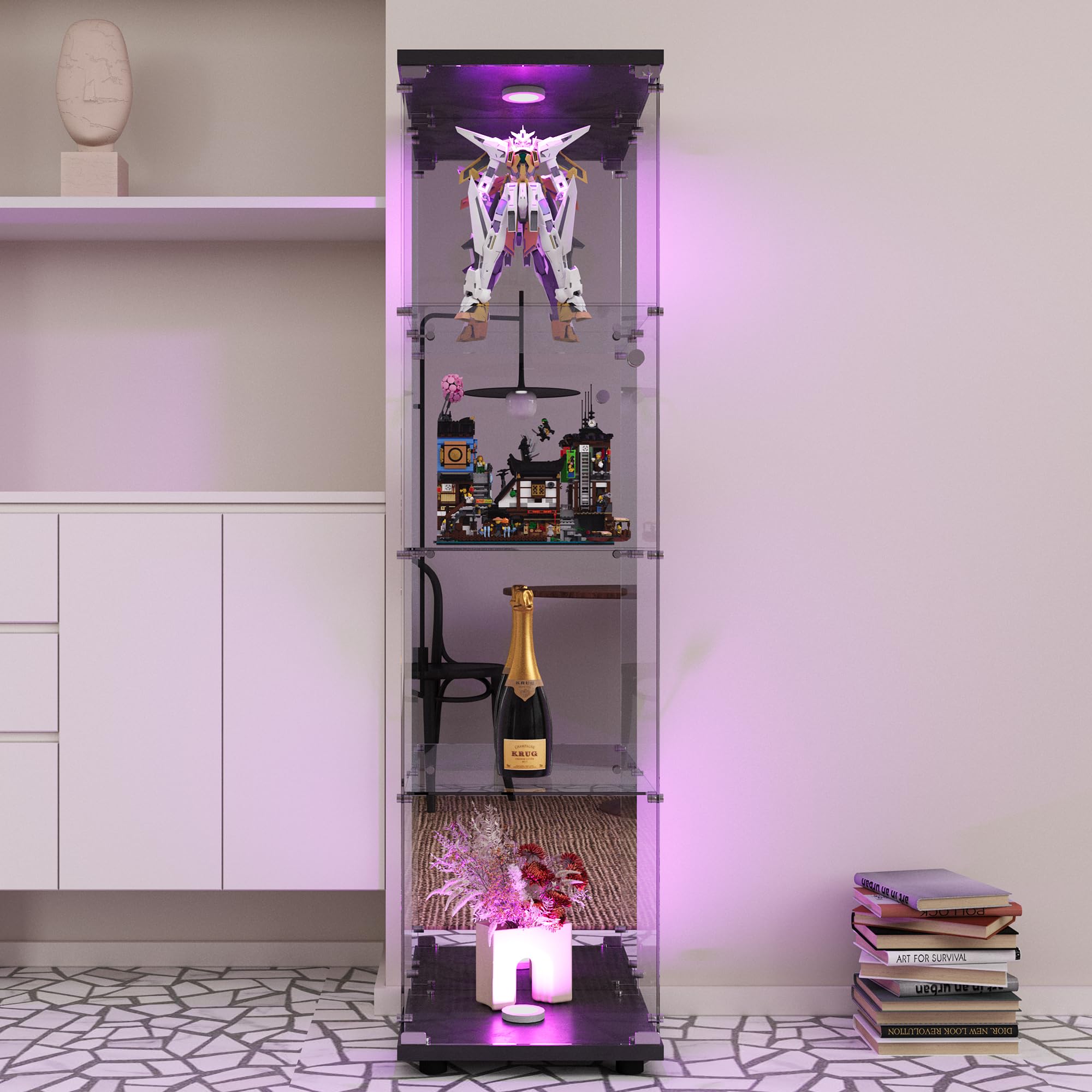 Vitrine en verre 4 couches BSGMSGN avec lumières LED et miroir 1 porte et serrure, étagère indép. (noir)