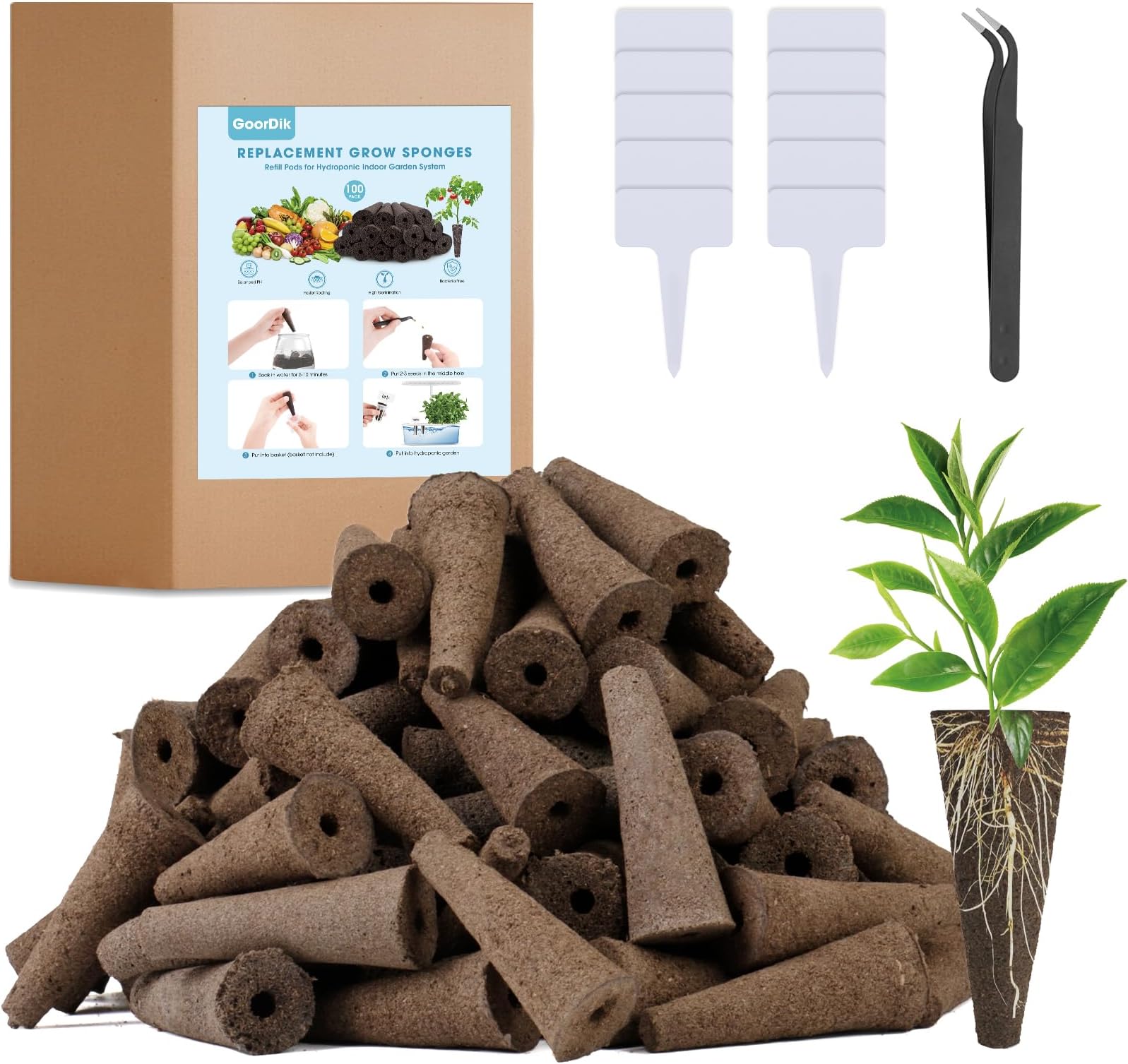 GoorDik 100 Pack Grow Sponges, Replacement Root Growth Sponges Seed Pods Compatible with AeroGarden, Seed Starter Sponges Kit with 10 Plant Labels and 1 Tweezers for Hydroponic Indoor Garden System