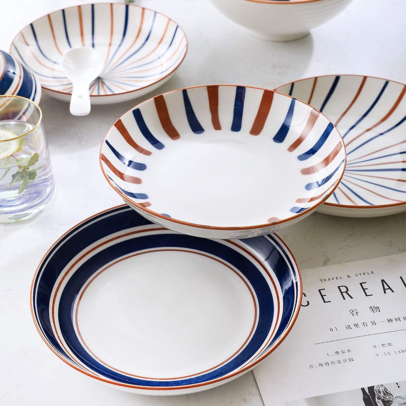 Service de Table, Service de Table en céramique, Service de Table en Porcelaine à Anneau annuel rétro, Ensemble de 24 Bols à céréales de Style Japonais et assie(